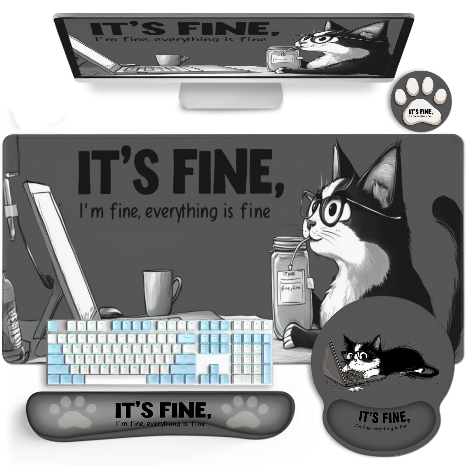 AQQA Funny Keyboard Mouse Pad Set,XXL Mouse Mat+Keyboard Wrist Rest Support, Cat Ergonomic Mouse Pad with Wrist Rest, 4 Pcs Cute Office Desk