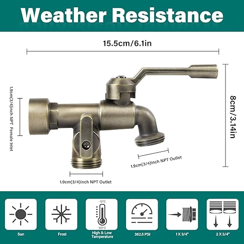 Miniatura 2 de Grifo de agua para jardín al aire libre con doble salida, grifo de agua de jardín montado en la pared exterior con dos válvulas de bola de latón de