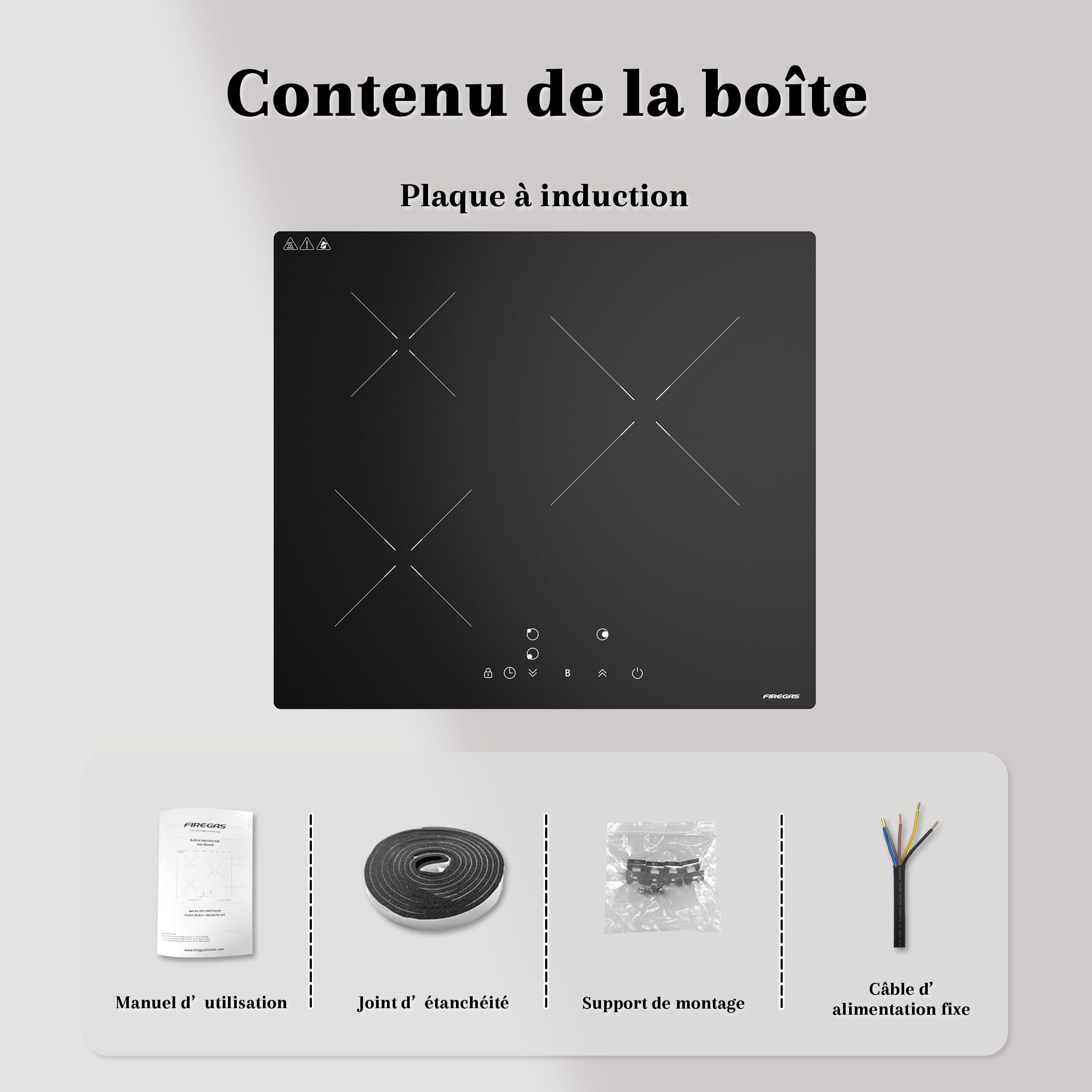 FIREGAS Plaque à Induction 3 Foyers Encastrable 7400W, Commande Tactile, Booster, Minuterie, Sécurité Enfant