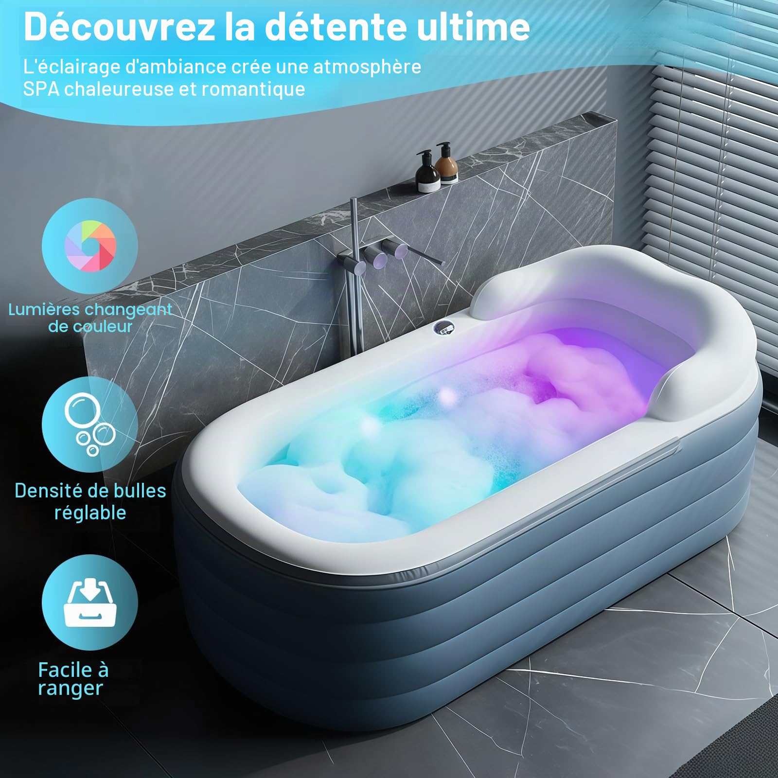 Baignoire portable pour adultes avec matelas de massage à air, baignoire spa avec éclairage LED romantique, oreiller/appui-tête/accoudoirs (pompe à air incluse)