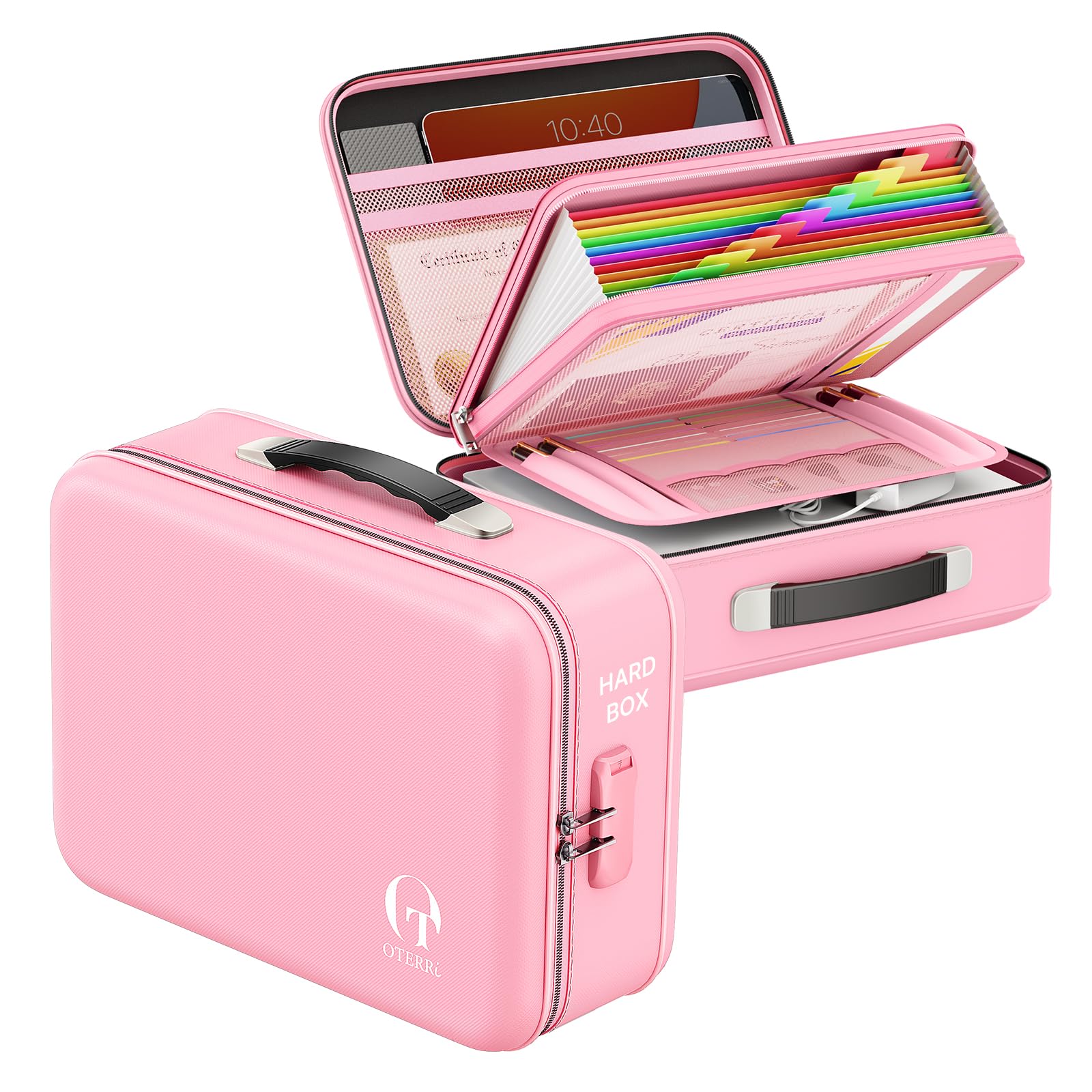 Oterri Fireproof Document Box, Hard Case File Box with Lock, Upgraded 8 Layers Large File Organizer, Water Resistant Safe Document Storage for Important Certificates, Pink