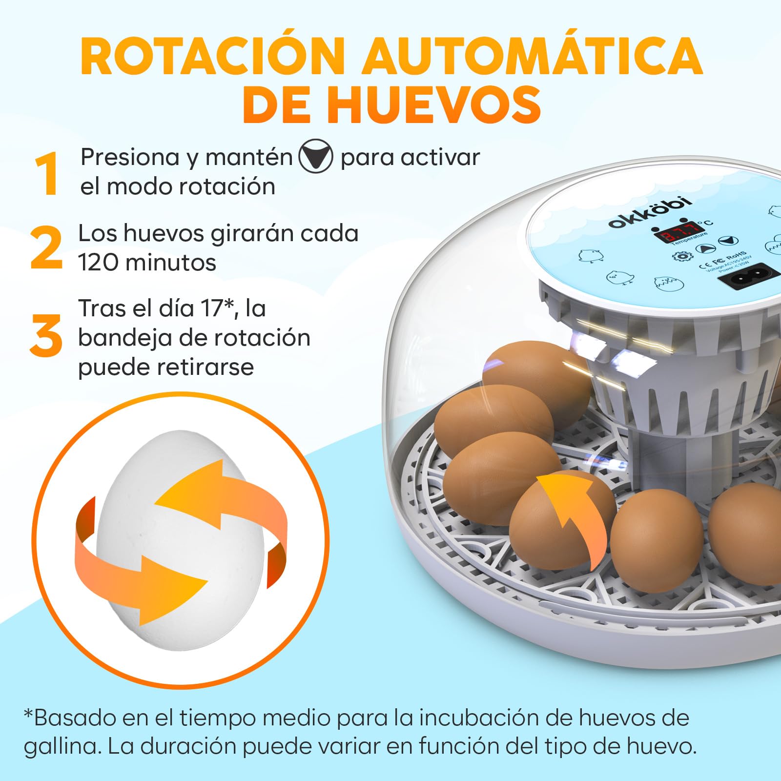 Okkobi M12 - Incubadora Huevos Gallina Automática - 12/24 huevos, Vista 360°, fácil de usar y limpiar - Volteo Automático y Control de Humedad - Chocadeira Ovos Automática