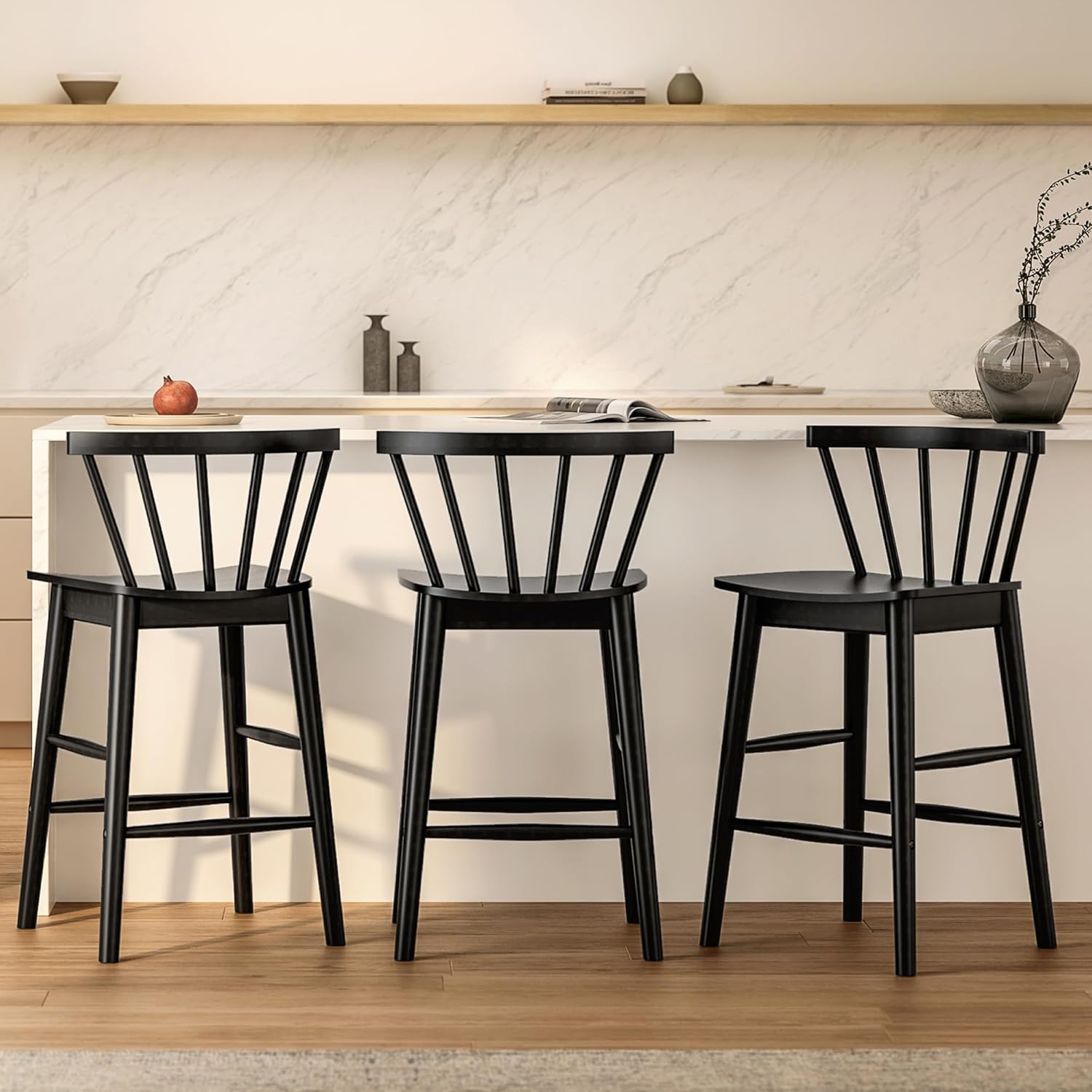 Wood Bar Stools Set of 3, 24" Wood Element Counter Height Barstools, Modern Armless Farmhouse Wooden Bar Dining Chairs with Back & Footrest for Kitchen Island Black