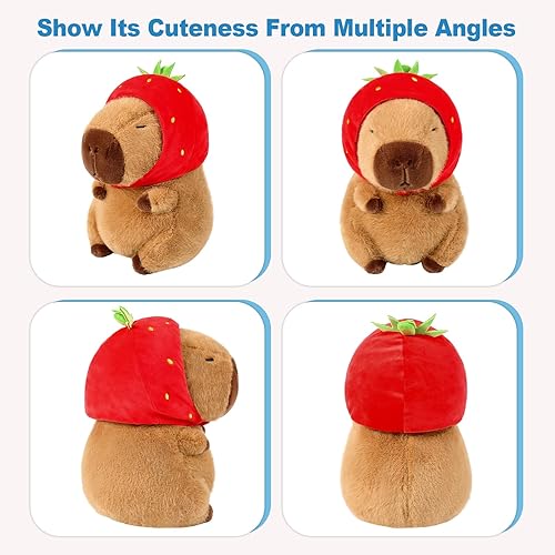 Miniatura 5 de Ditucu Lindo Peluche de Capibara que Lleva Gorro de Fresa Suave Animal de Peluche Relleno Juguetes Regalos de Abrazo para Niños Marrón 9 pulgadas
