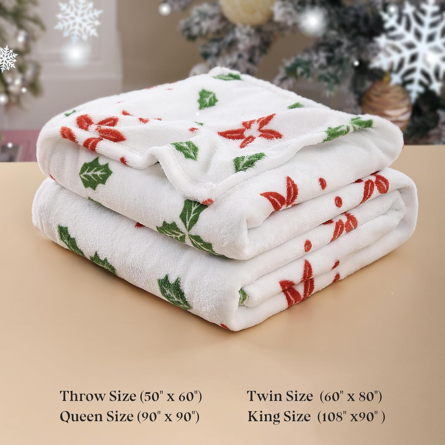 Christmas Fleece Print Throw Blanket, Super Soft Plush Cozy Fuzzy Red Floral and Green Leaves Printed Throw Blankets for Couch Sofa Bed, and Home, Microfiber Flannel, All Seasons 50x60 Inches - Image 7