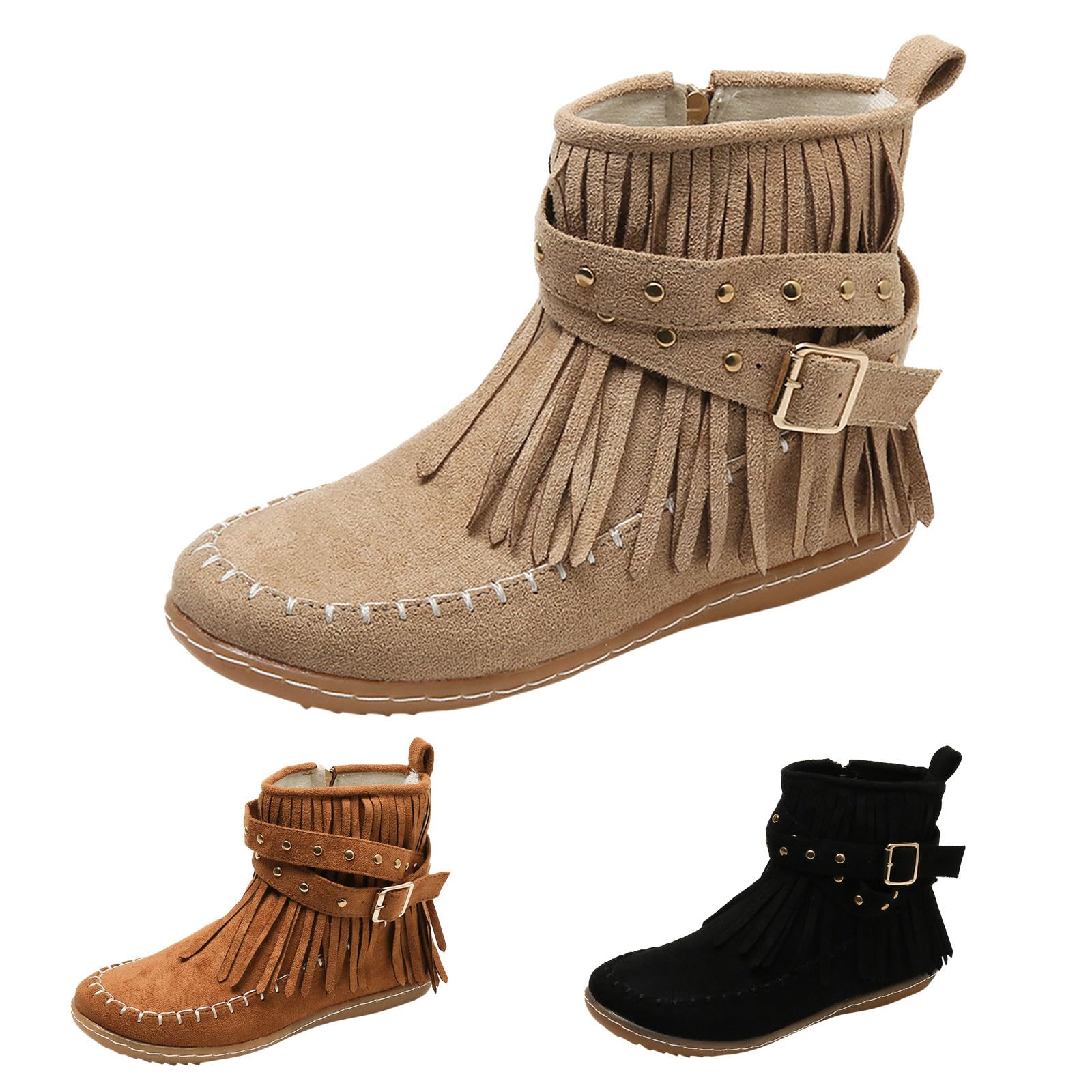 Ankle Cowboy Boots For Women Short Wide Width Western Booties Fall Winter Suede Fringe Round Toe Non Slip