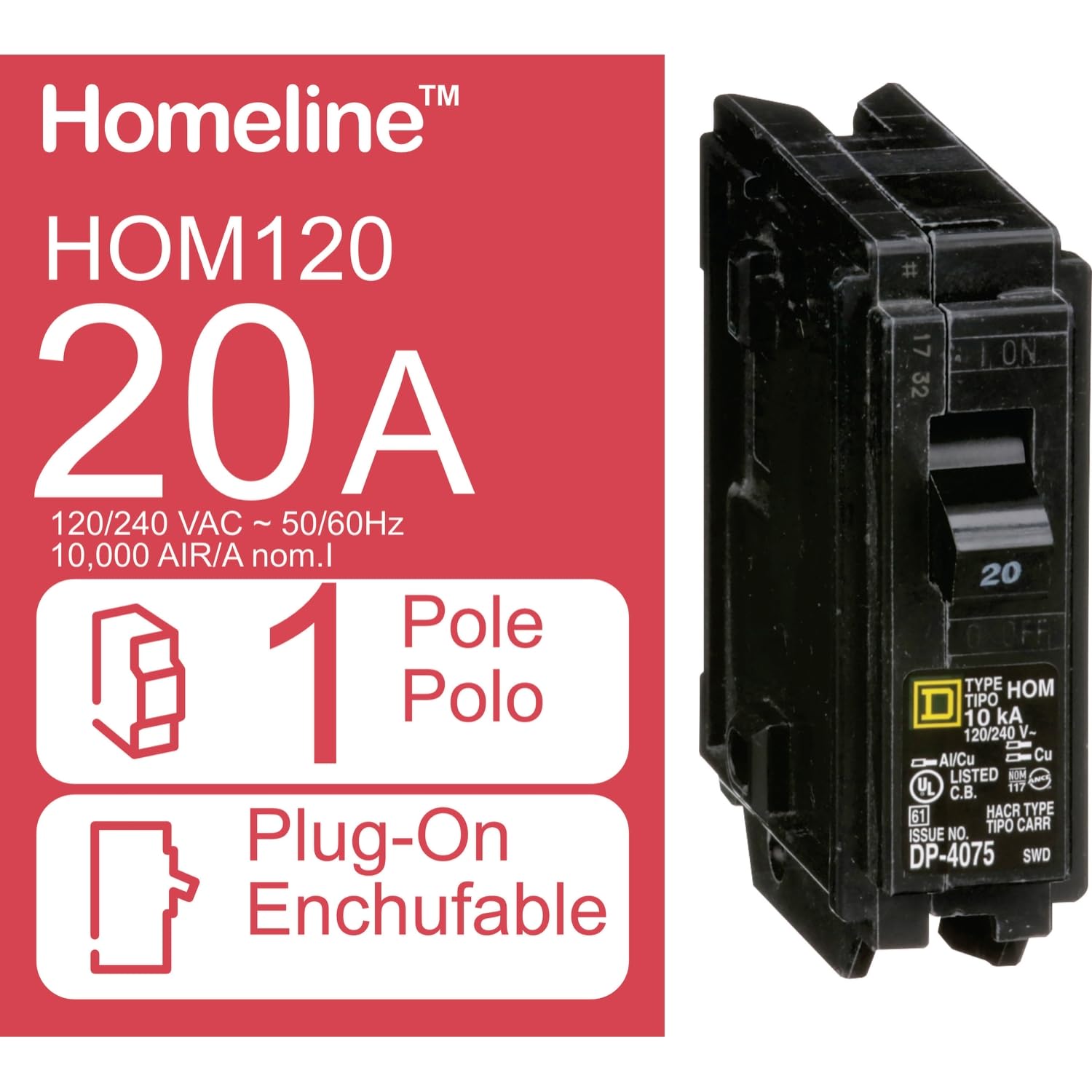 Square D HOM120 Circuit Breaker, 10 Pack, Homeline, 20 Amps, 120 Volts, UL Listed, 1 Pole, 10kA AIR, Standard Type, Plug in, Qty 10