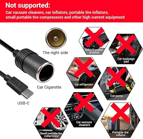 Miniatura 5 de Adaptador USB C macho a 12 V, USB a cable convertidor de enchufe para encendedor de cigarrillos de automóvil (paquete de 2)