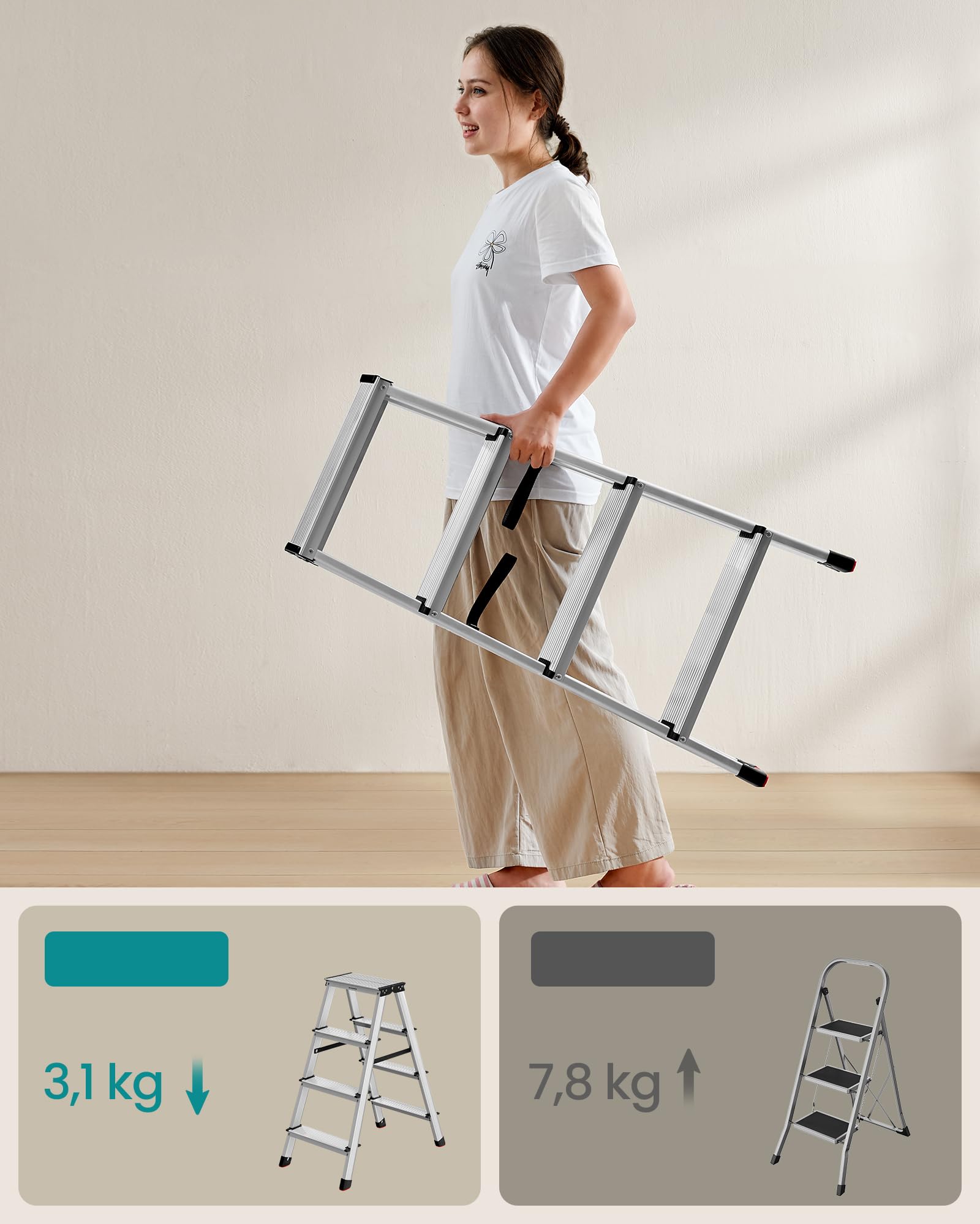 SONGMICS Drabina, schody, drabina aluminiowa z 4 antypoślizgowymi stopniami, składana, schody, drabina wielofunkcyjna, nośność do 150 kg, srebrno-szary atrament czarny GLT014E01