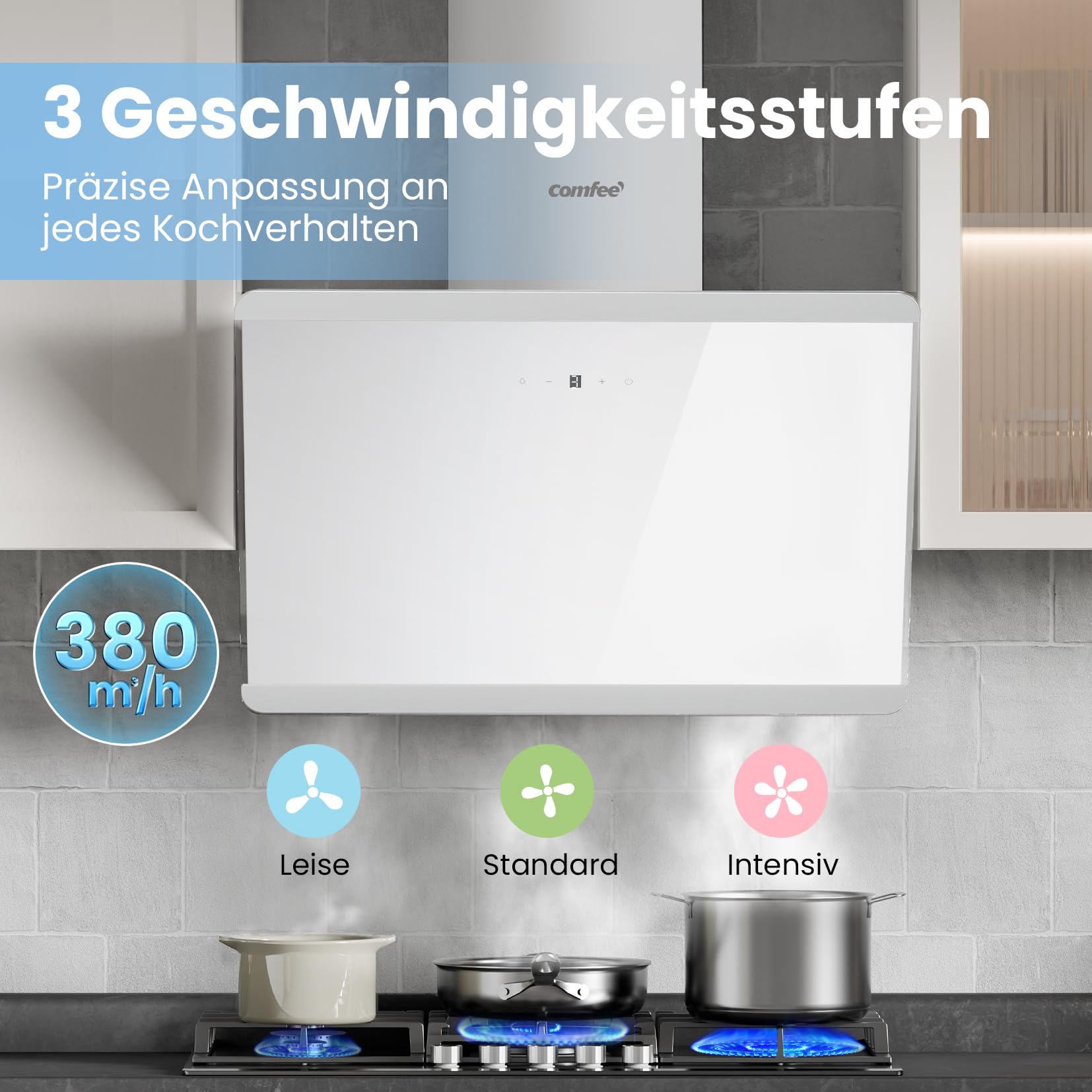 COMFEE CH60J64ET4A2W A++ Hotte aspirante 60 cm, Hotte 60 cm de convection et d'air évacué, 380 m³/h de flux d'air, design en acier inoxydable/verre avec écran tactile, LED, hotte aspirante avec filtre