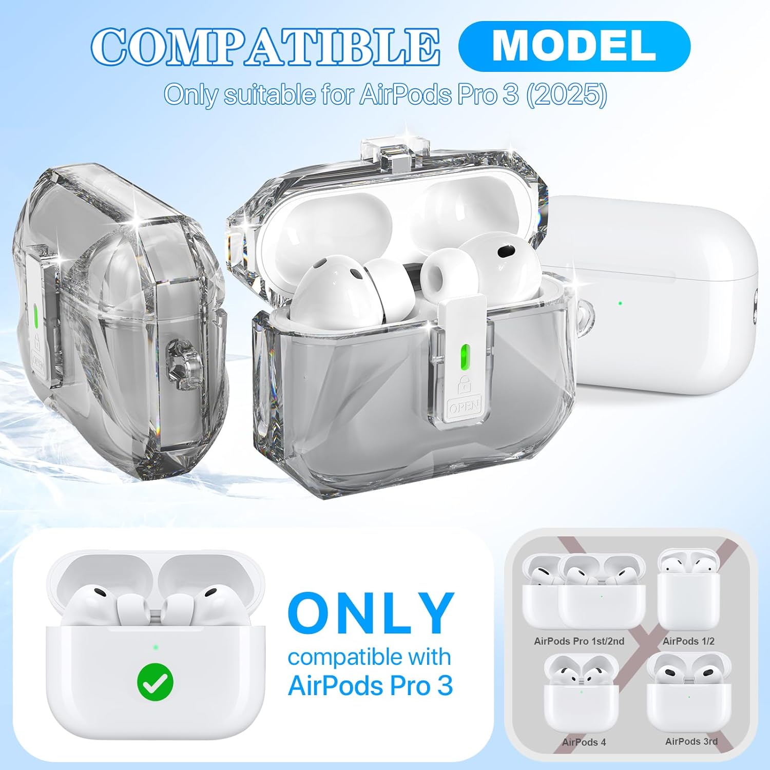 R-fun for AirPods Pro 3 Case, Transparent Non-Yellowing with Cleaning Kit & Keychain, Auto Pop-Up Lid Design for AirPods Pro 3rd Generation Case, Compatible with Magsafe, Clear Black