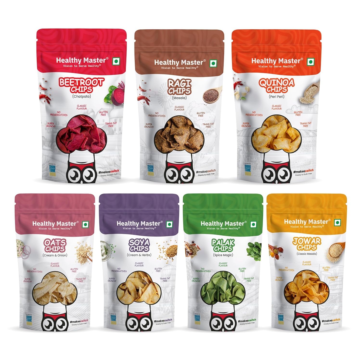 HEALTHY MASTER Vision to serve healthy Light & Crispy Chips Combo 210 Gm (Ragi Chips,Quinoa Chips,Oats Chips,Palak Chips,Beetroot Chips,Jowar,Soya Chips) 30 gm Each