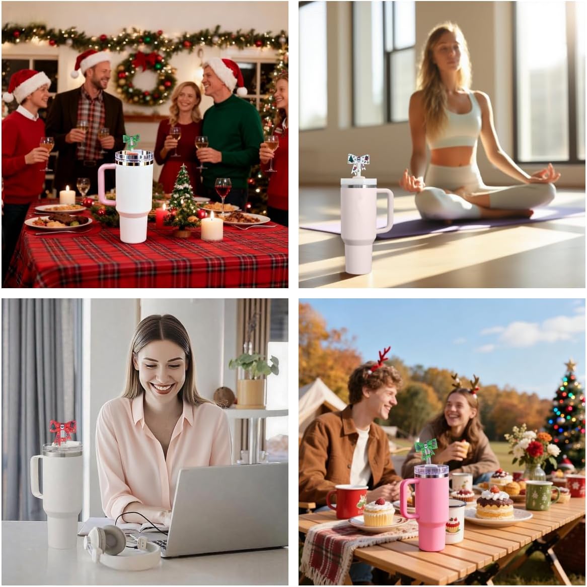 Christmas Straw Cover for Stanley Cup 10mm 0.4in Bow Shape Silicone Straw Topper for Stanley Tumbler 30Oz&40Oz (3PCS White Red Green) - Image 3