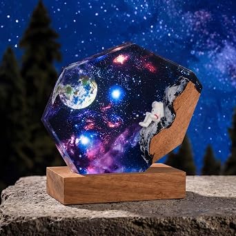 Drawelry Creative Epoxy Resin Wood Light Lamp, Space Astronaut and Interstellar Resin Wood Art Lamp Handmade Multicolor LED Night Light Fathers Day Birthday Gift for Friend Family Interstellar