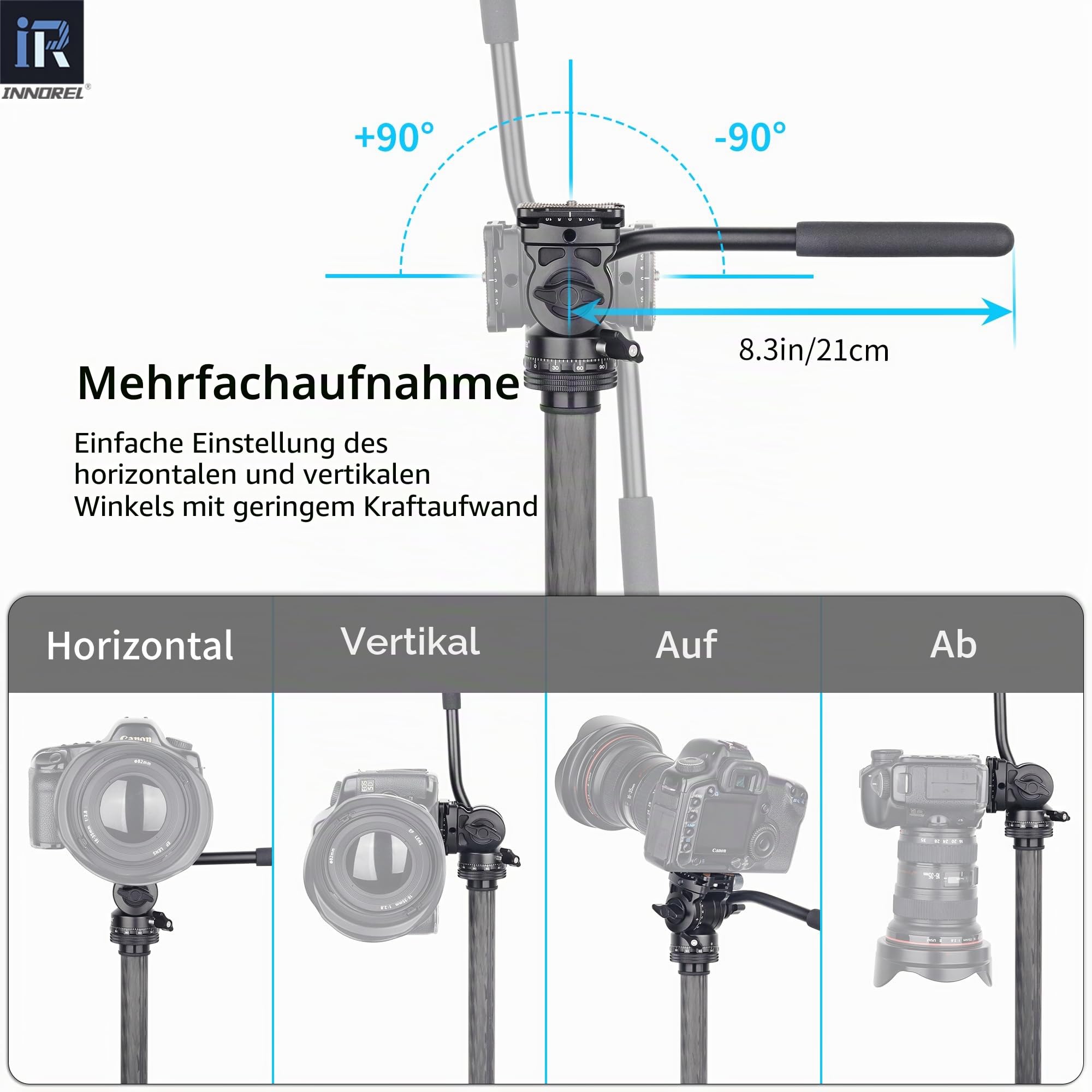 INNOREL F10 Stativ-Flüssigkeitskopf, neigbar, Metall, Kamera, Video-Stativkopf mit 2 Arca Swiss Schnellwechselplatten, Griff, magischer Arm und Telefonclip, belastbar bis zu 4kg