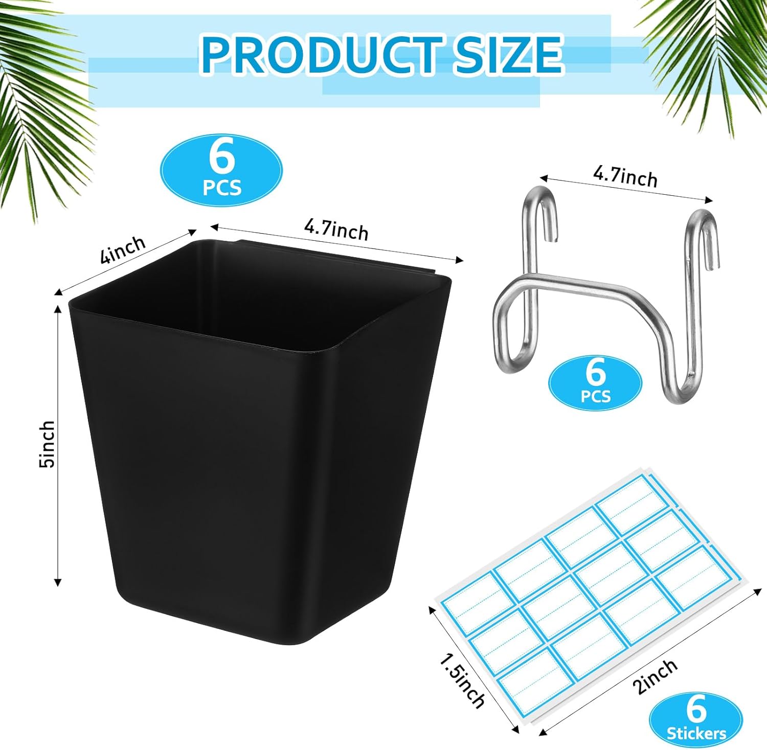 6 Pack Large Gridwall Cups Gridwall Storage Bin with Hooks Hanging Baskets Square Box Shape Hanging Cup Holder Gridwall Accessories for Garage Workbench Office Playroom Home Kitchen(Black)