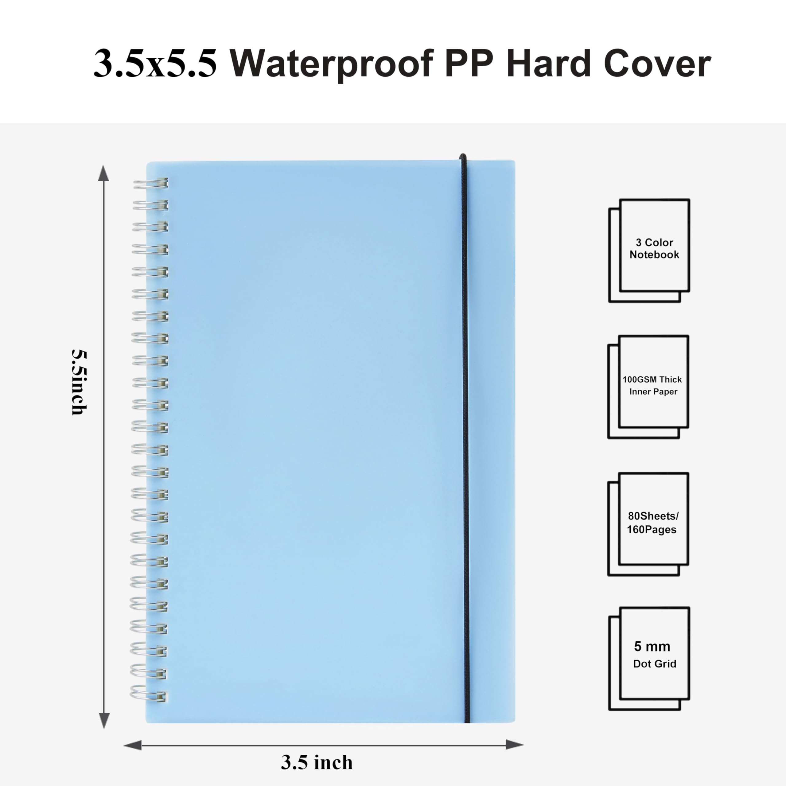 Lot de 3 petits carnets de notes de poche de 3,5 x 5,5 avec pages à pois, mini carnets à spirale 100 g/m² 5 mm, papier quadrillé à points de 5 mm, 80 feuilles/160 pages pour rester organisé