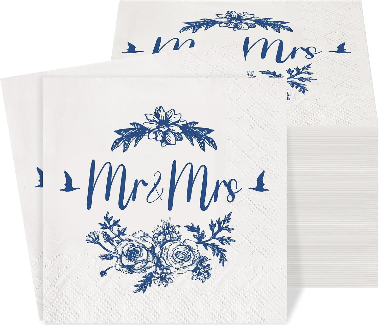 Kosiz 100 Pcs Mr and Mrs Wedding Napkins 3 Ply Blue Floral Cocktail Paper Dessert Disposable Napkins Chinoiserie Wedding Party Table Decor for Reception Engagement Bridal Shower