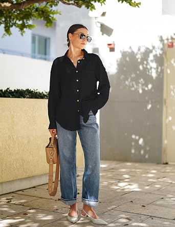 HOTOUCH Womens Button Down Shirts Long Sleeve Dress Shirt Textured Collared Work Blouse Dressy Casual Tops with Pocket
