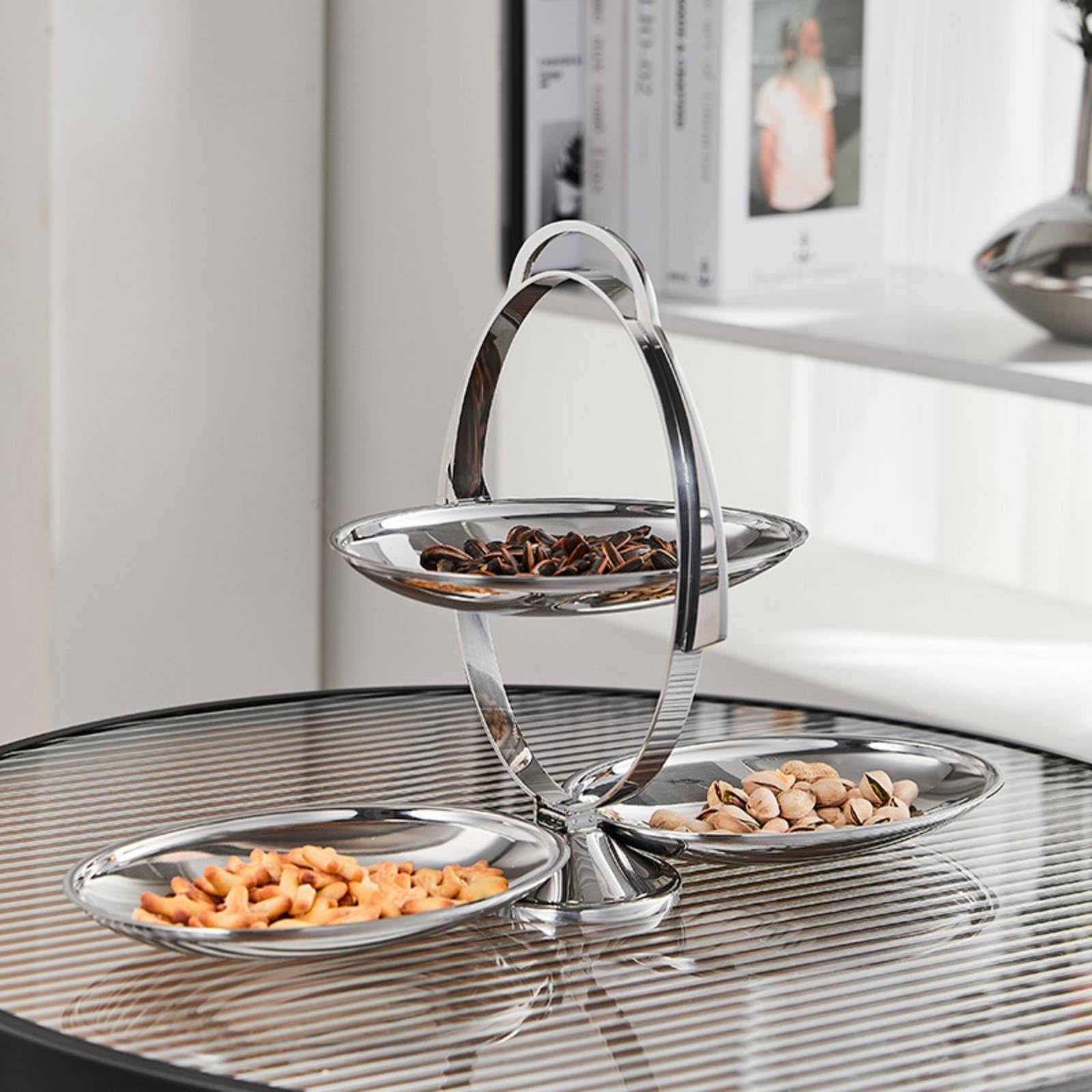 Vassoio a Tre Livelli Vassoio Portafrutta Alzata Pieghevole Espositore Portavivande in Acciaio Inossidabile con Fini Strut Stabile Adatto per Tavola Feste Ristorazione Buffet 43.5cmx28cm