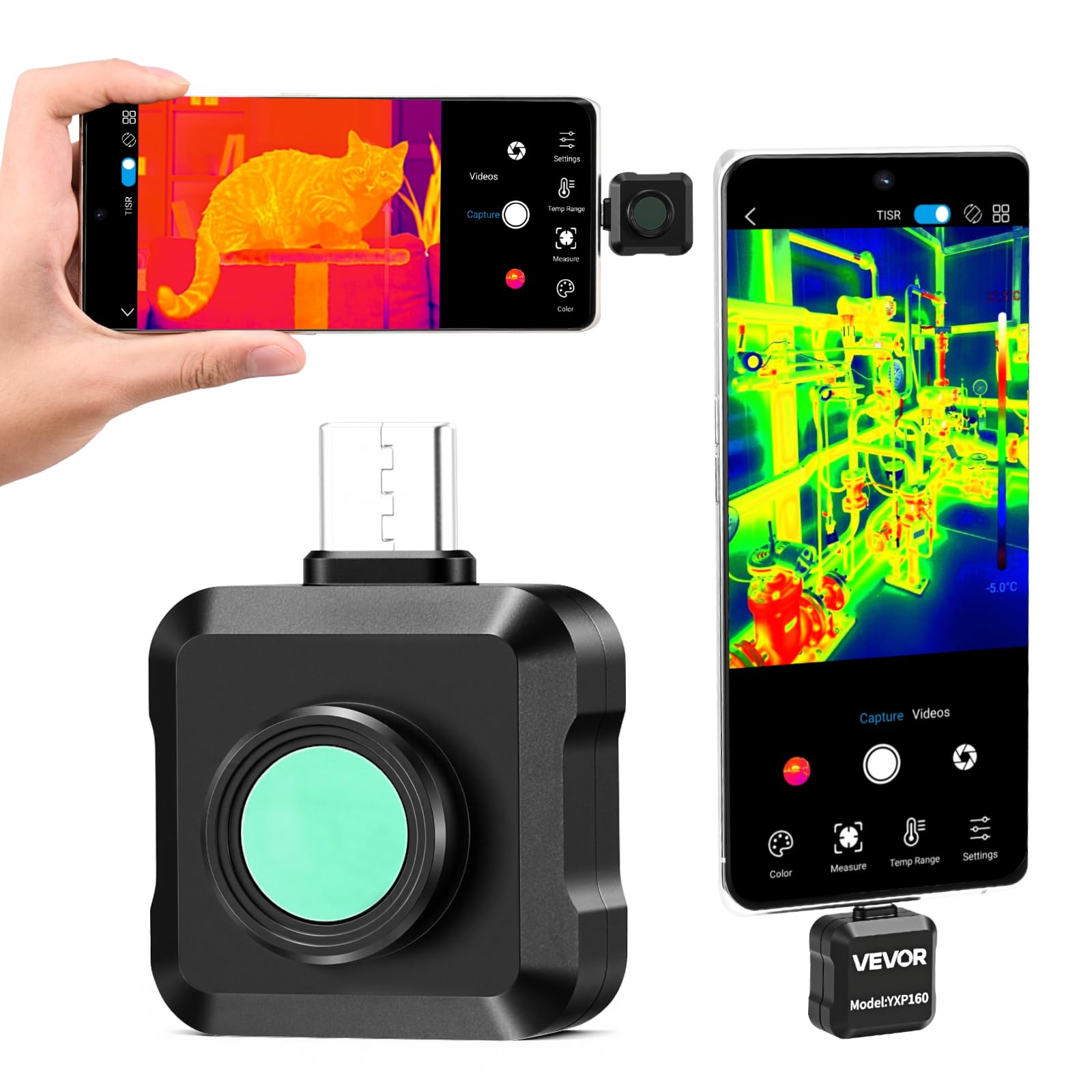 VEVOR Kamera termograficzna dla systemu Android, rozdzielczość IR 160x120, kieszonkowa kamera na podczerwień do smartfonów i tabletów, rozdzielczość TISR 320x240, 25Hz, -20°C do 550°C, 15 palet