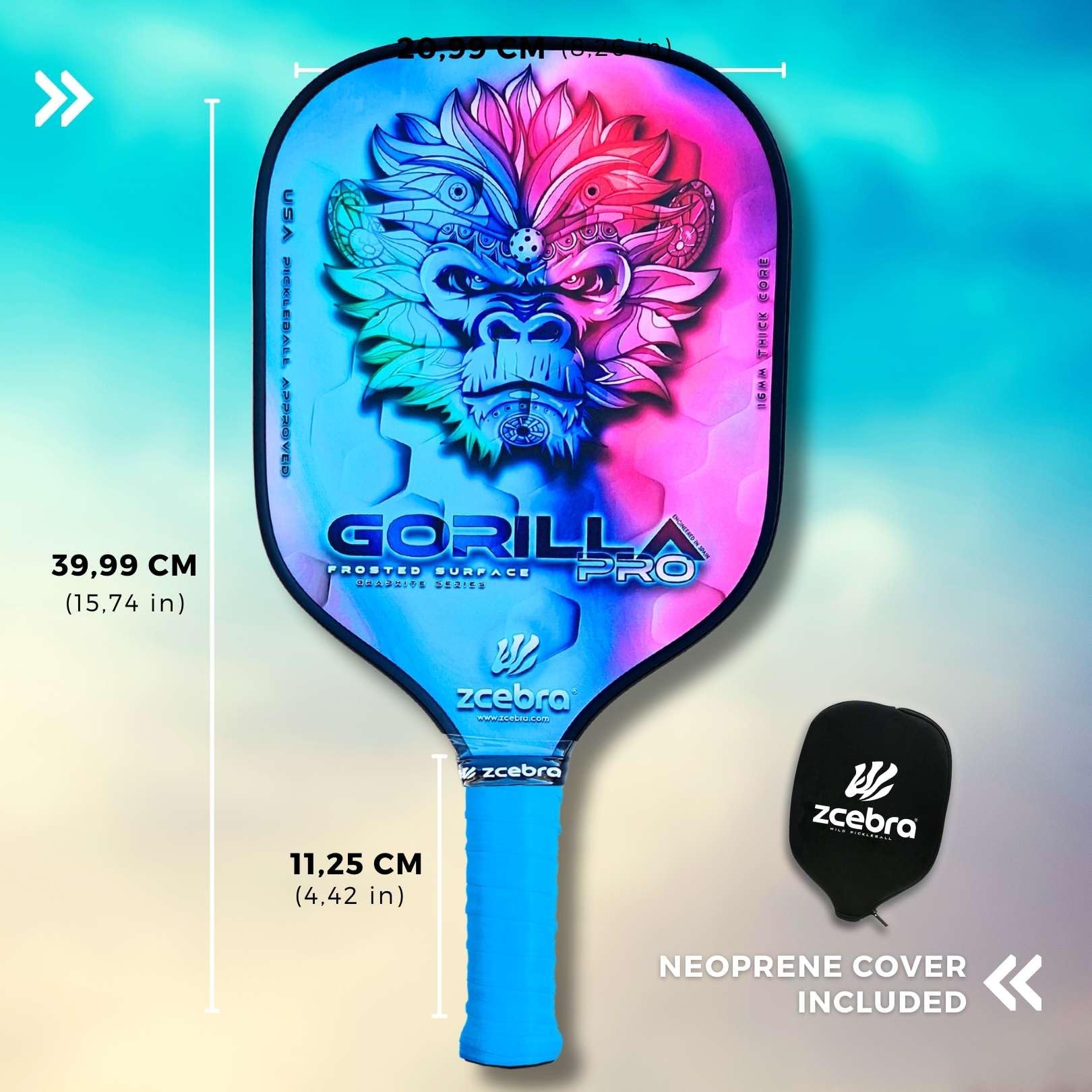 Pickleball Paddle Graphite - Raquette en Fibre de Carbone Noyau de 16 mm de Panneau d'abeille polypropylène Texture Frosted Rugosa - Set Housse néoprène - Gorilla Pro Rainbow