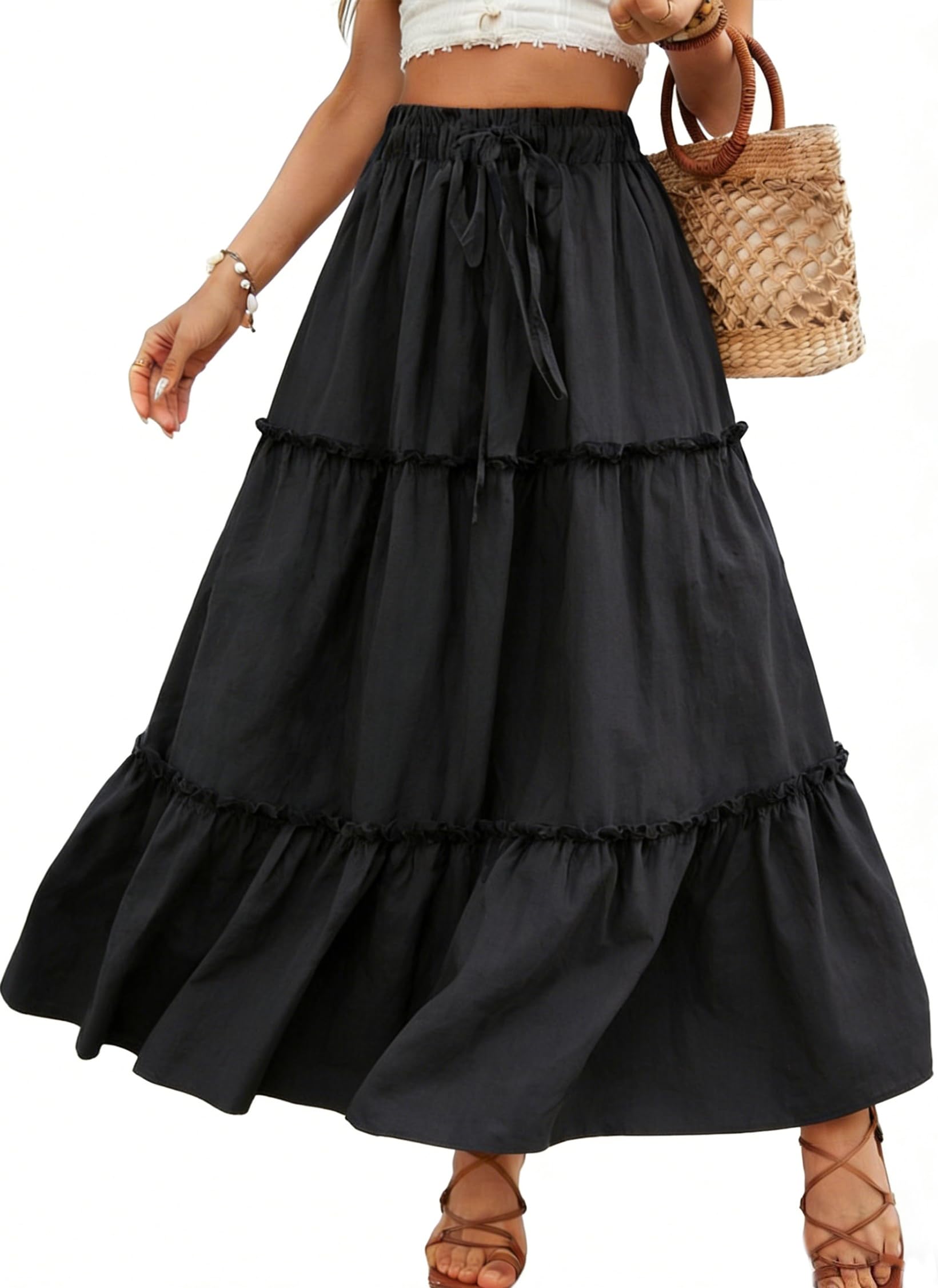 Gonna Lunga Casual da Donna Gonne Donna Elegante Vita Alta Boho Floreale Skirt da Spiaggia A-Line Gonne Elastiche con Tasche Estiva