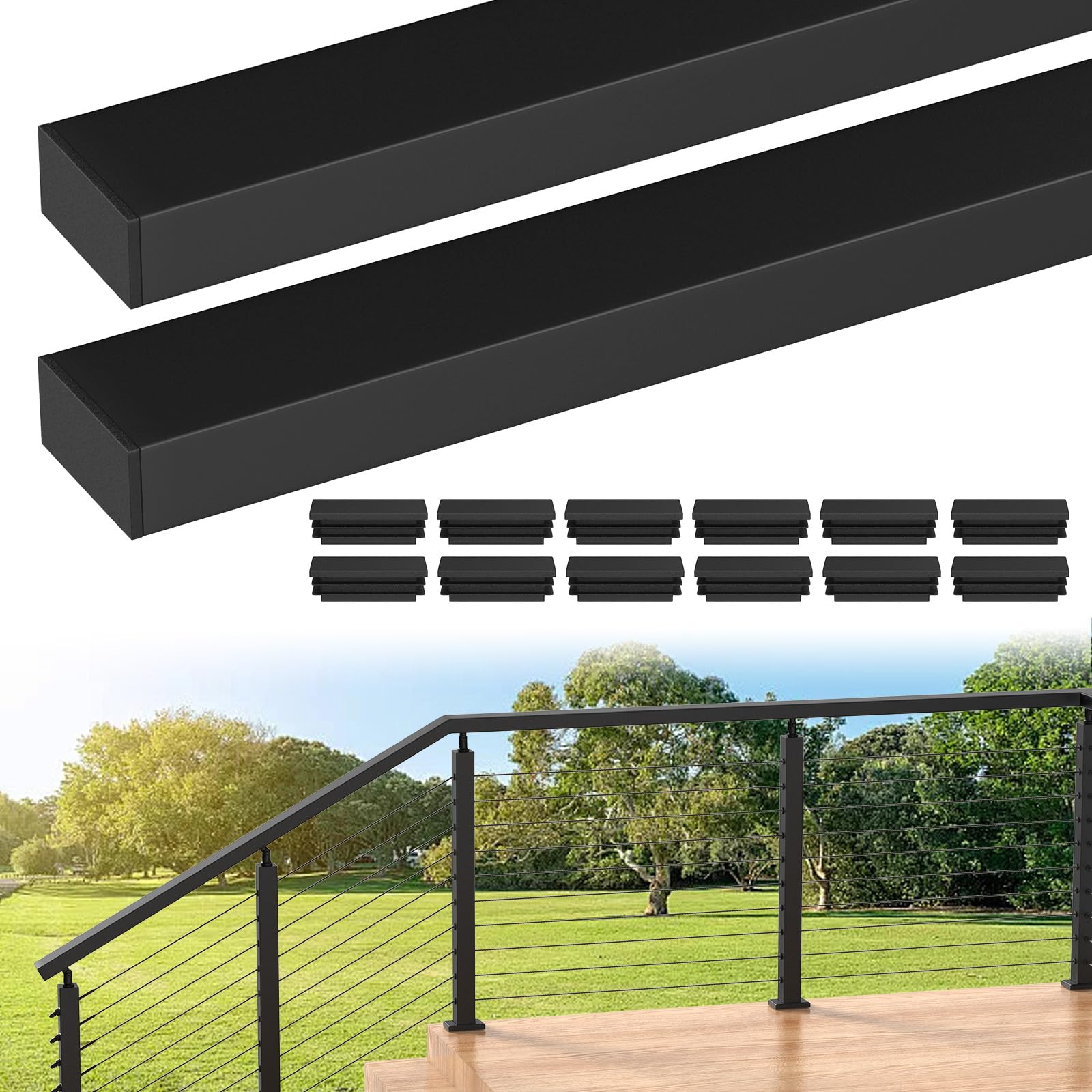 BLIKA 2Pack 6'6'' Stainless Steel Black Cable Railing Handrails, Cuttable Rectangular Handrail Flat Top Rail with Nylon End Caps for Cable Railing