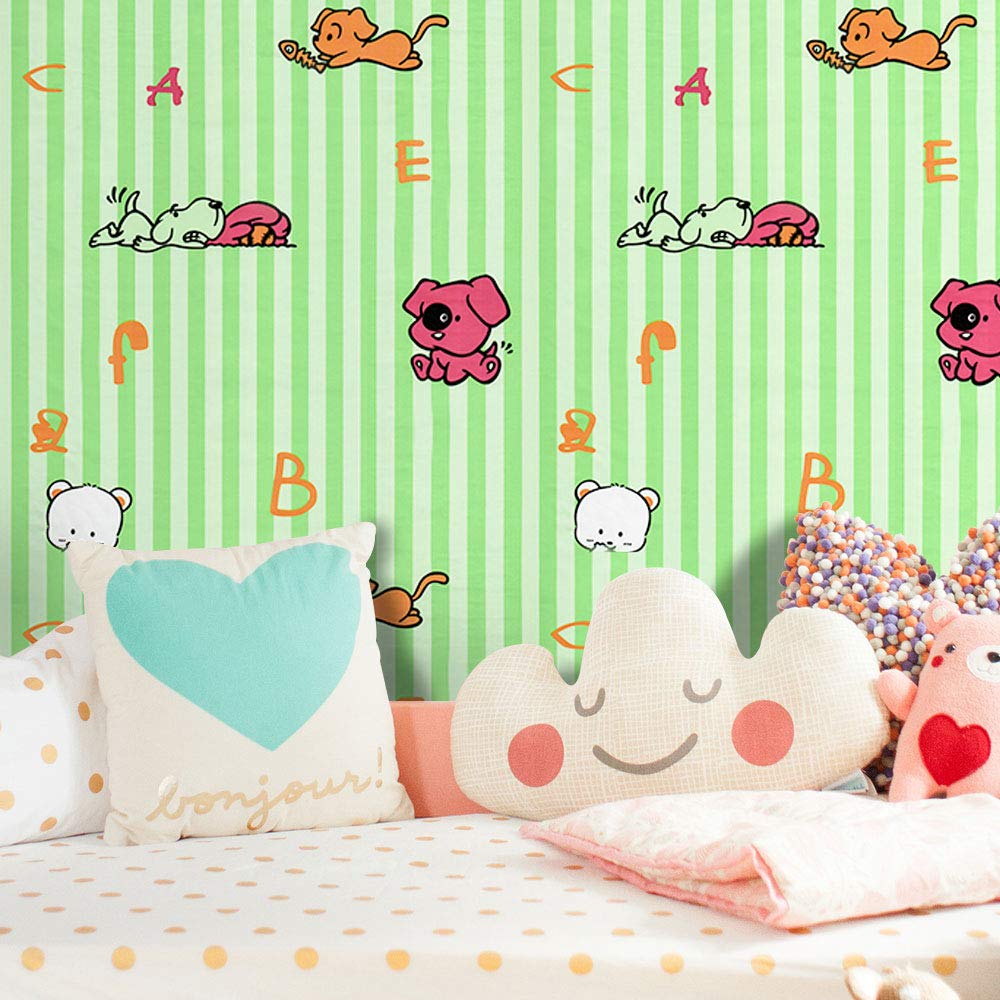 Self-Adhesive Wallpaper Paper for Wall Lovely Vinyl Wallpaper Peel & Stick Wallpaper Cute Animals Letters Stripes Wallpaper for Wall Decal,17.7"×118"