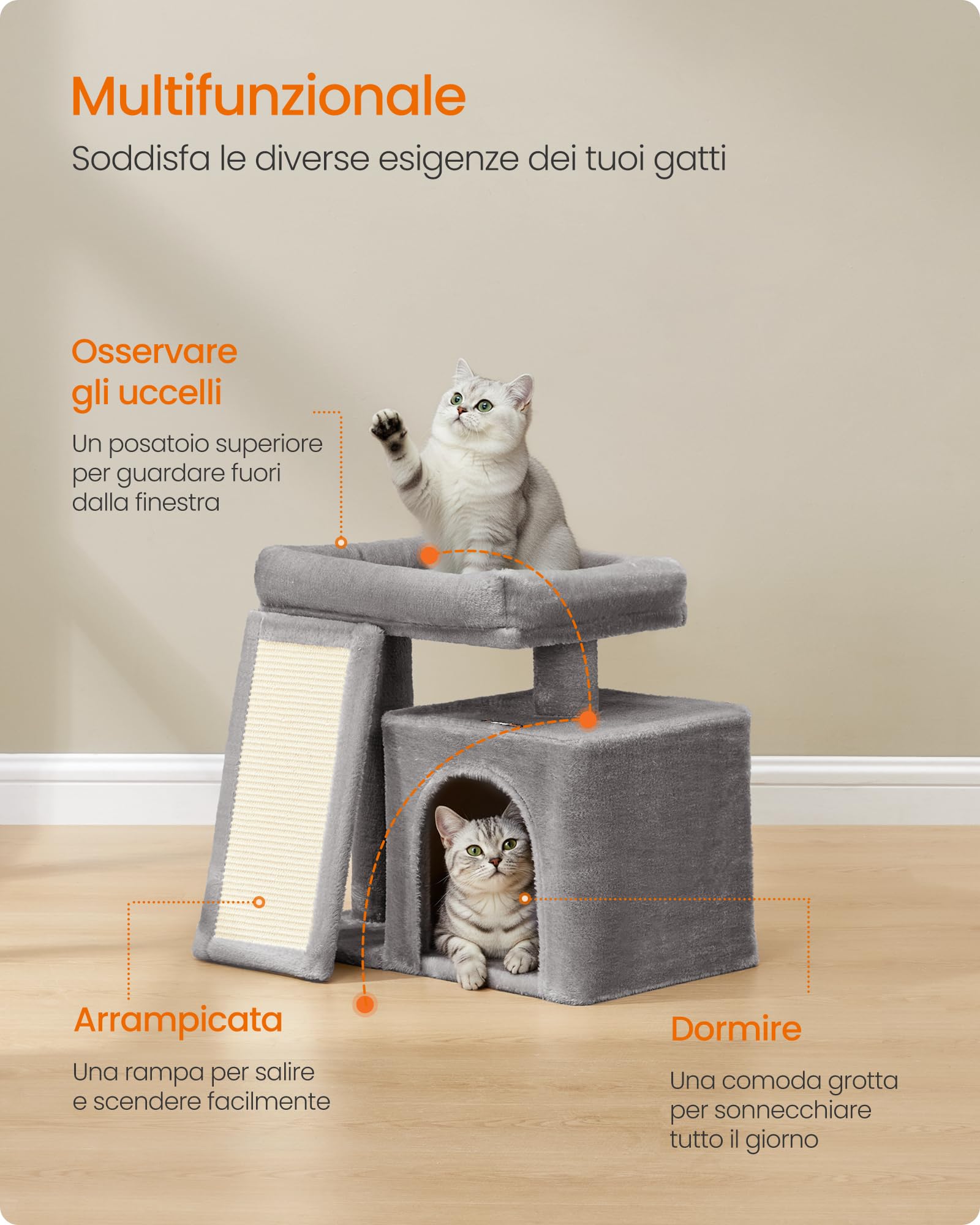 Feandrea Albero per Gatti Piccolo, Torre Tiragraffi per Gatti con Casetta, Rampa Graffiatoio Grande, Cuccia Superiore, Grotta, Alto 44,6 cm, Grigio Tortora PCT010GD01