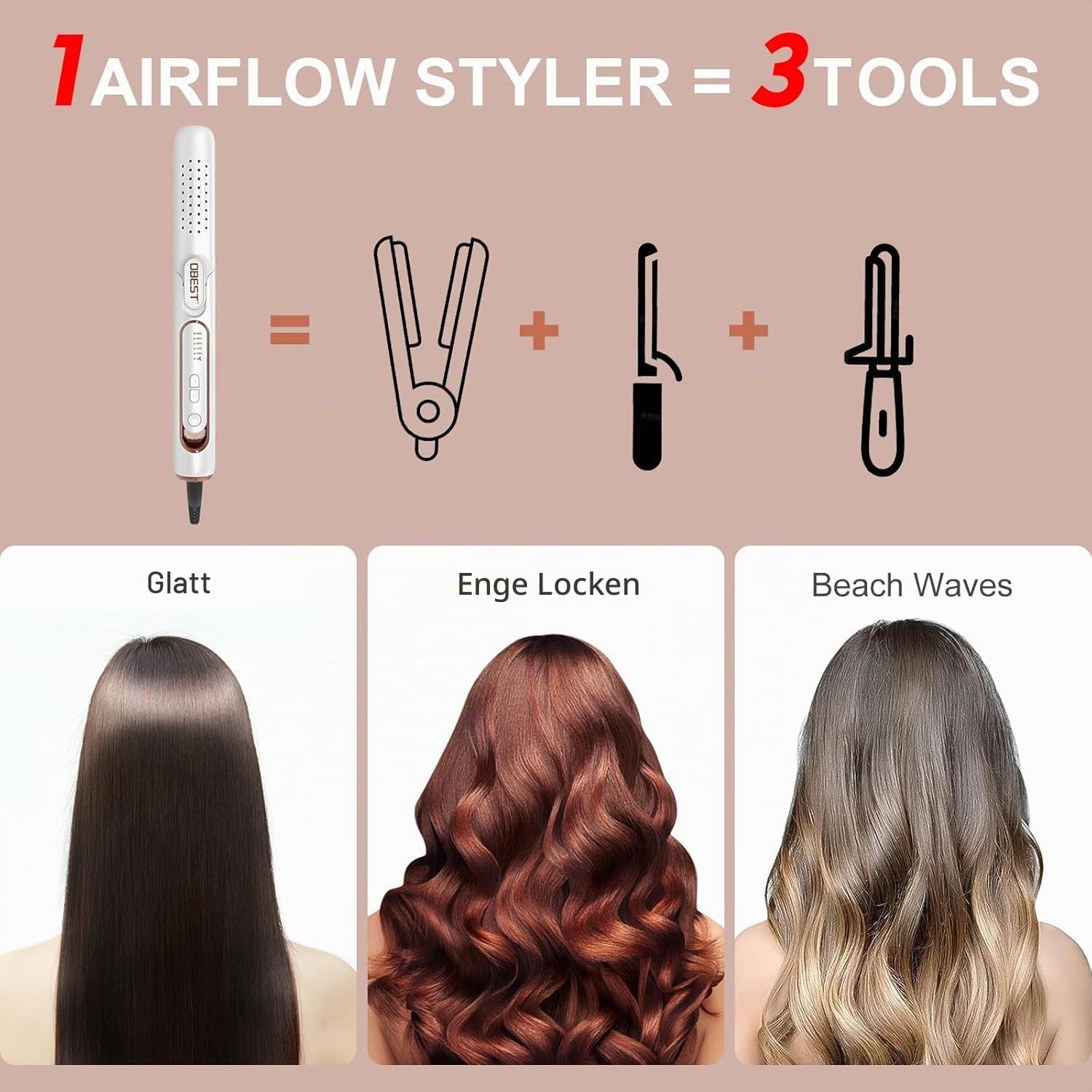 OBEST Airflow Curler Haarglätter und Lockenstab 2 in 1, Glätteisen Lockenstab, 30s Schnellaufheizung, 5 Temperaturstufen (140℃-220℃), Reisefreundlicher Dualspannung-Styler (Weiß)