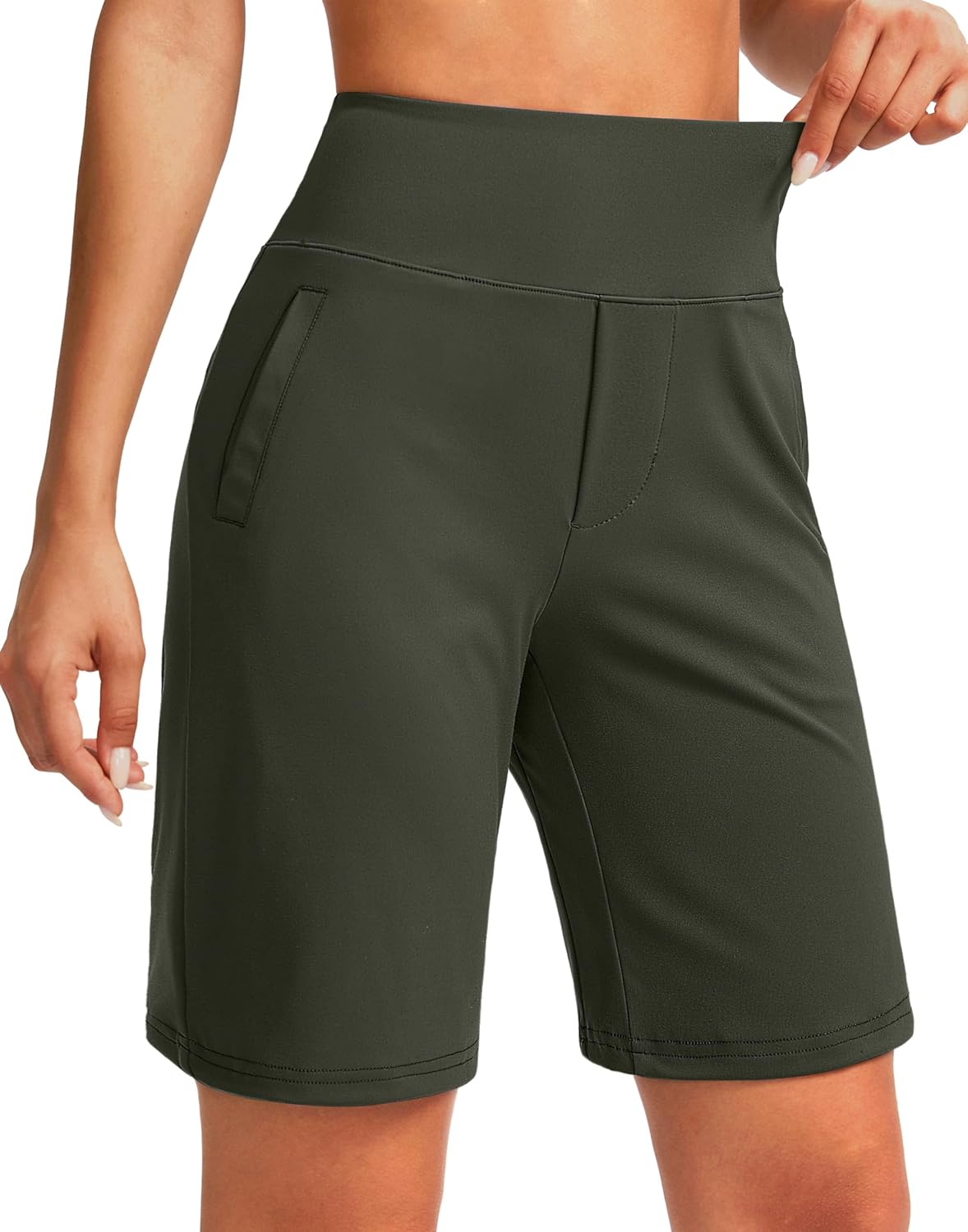 SANTINY Women's 9" High Waisted Bermuda Shorts with 4 Pockets Knee