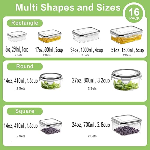 Miniatura 2 de HOMBERKING Juego de 16 recipientes de almacenamiento de alimentos con tapas a presión (8 tapas + 8 recipientes), recipientes de plástico herméticos