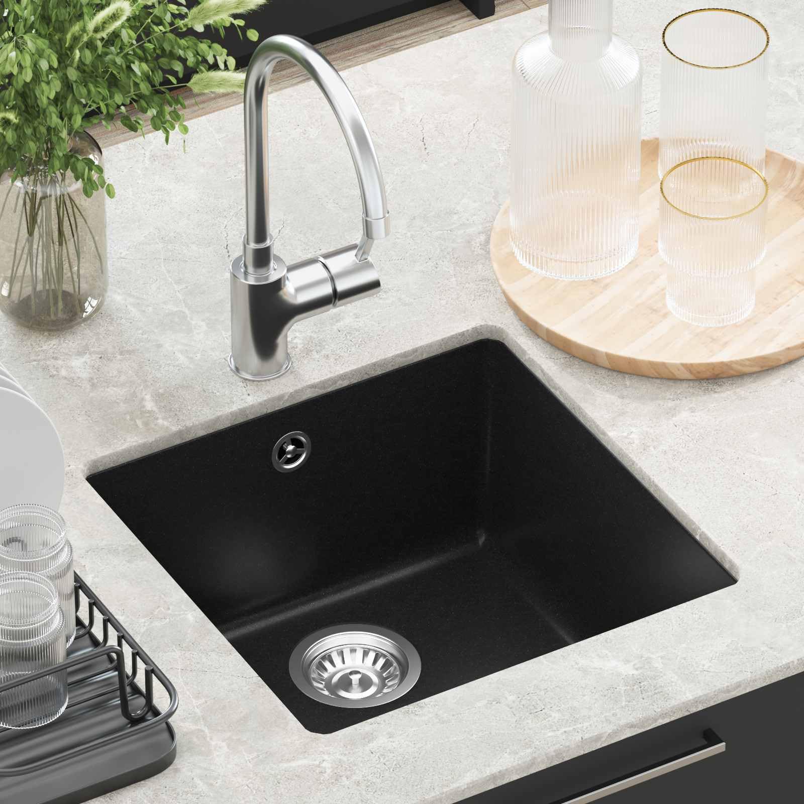 Fregadero de cocina Mangloder negro, 430 x 460 mm, con 80% de cuarzo y 20% de resina, base resistente a arañazos y manchas, ideal para cocinas modernas, granito duradero, fácil montaje, resistente al