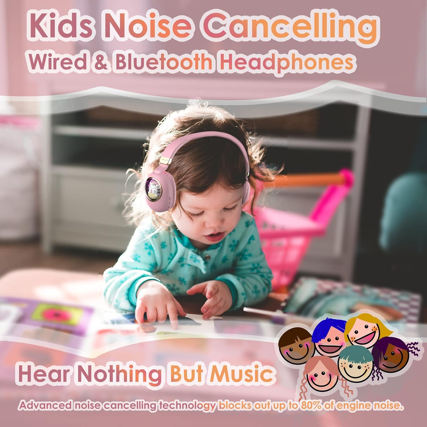 Girls Kids Headphones Wired - Pink Noise Cancelling Wireless Headphones for Kids for School - Over Ear Light Up Foldable Cat Bluetooth Gaming Headset with Microphone for iPad Kindle Tablet PC Travel