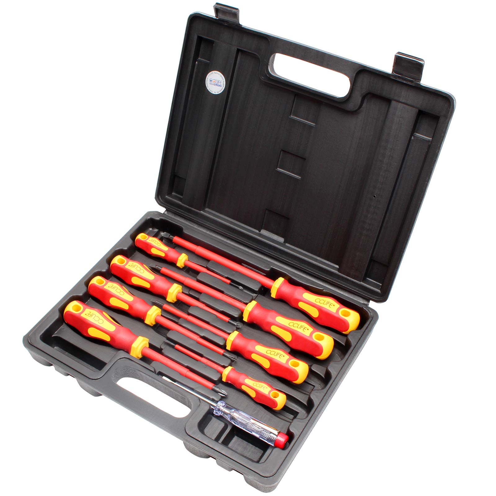 CCLIFE 9 pièces Jeu de VDE Tournevis électricien isolé 1000V testeur de tension, Tournevis tête plats et cruciformes | PH & PZ modèle| Poignée en caoutchouc antidérapante avec trou