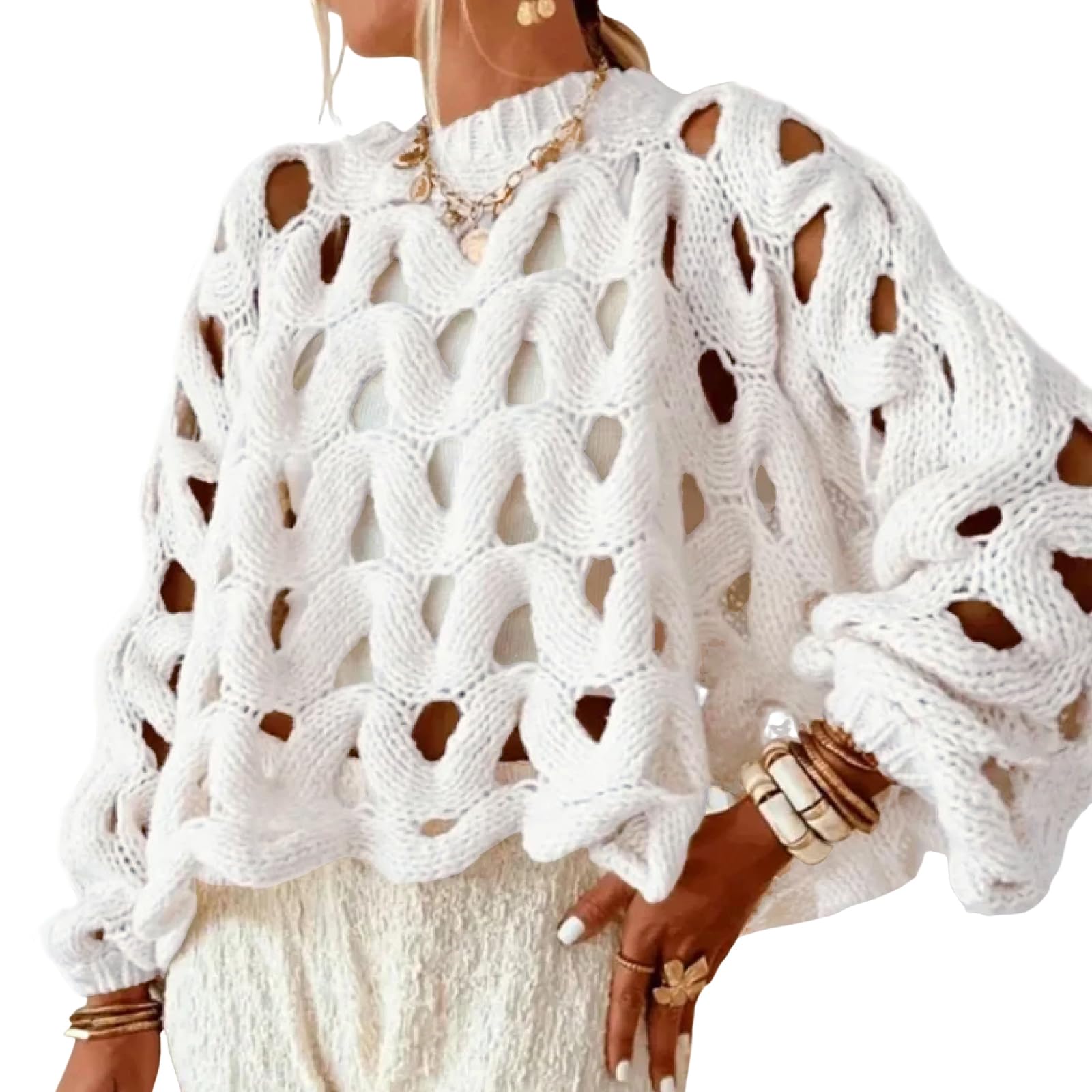 Yimoon Womens Hollow Out Pullover Sweater Oversized Long Sleeve Crew Neck Crochet Chunky Knitted Sweater