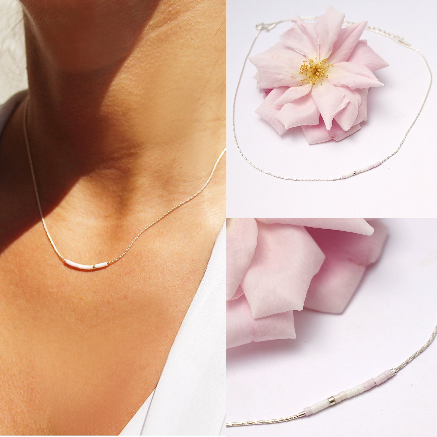 Collier fin choker, chaine serpent argent massif 925, et perles miyuki rose pâle et blanc