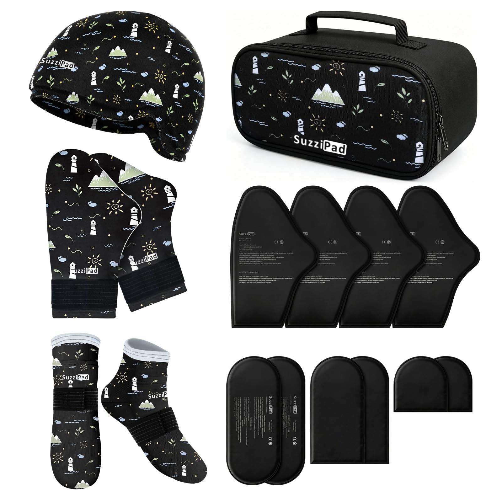 Photo 1 of SuzziPad Chemo Gloves Socks Cap and Carrier - Allover Print, Black, L