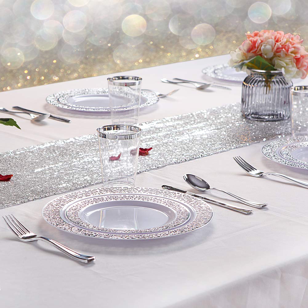 WDF 25Guest Silver Plastic Plates with Disposable Plastic Silverware &Silver Rim Cups- Include 25 Dinner Plates, 25 Salad Plates,25 Forks, 25 Knives, 25 Spoons&25 Plastic Cups for Thanksgiving