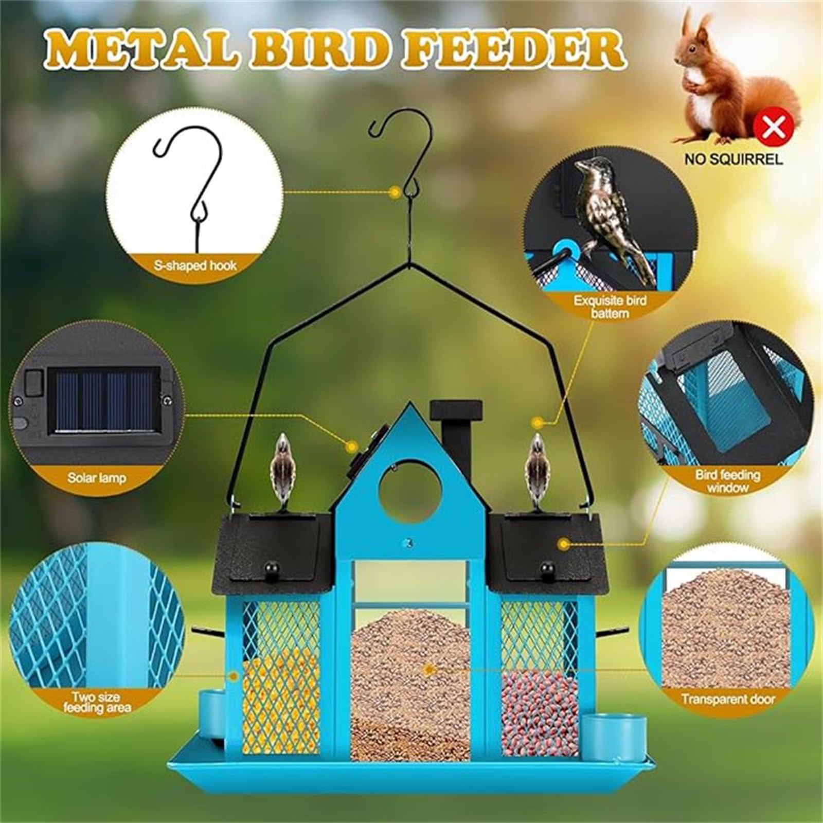 Comedero para pájaros de gran capacidad para exteriores con doble jaula de sebo con energía solar, comedero para pájaros silvestres para atraer varios pinzones de pájaros