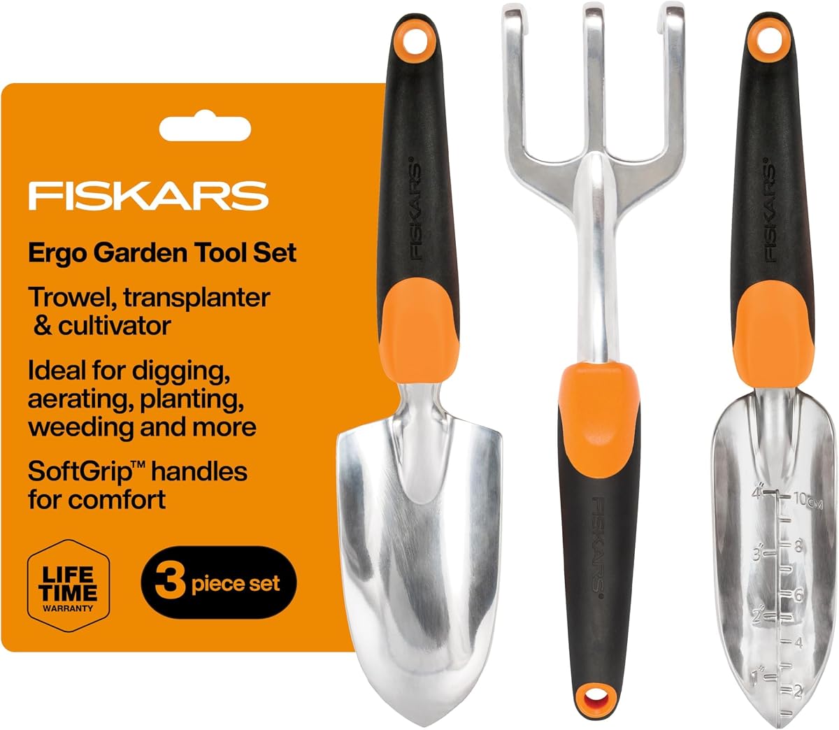 Fiskars 3-in-1 Garden Tool Set, Polished Cast-Aluminum Heads for Rust Resistance, Heavy-Duty Trowel, Transplanter & Cultivator for Digging and Planting, Non-Slip SoftGrip Handles Reduce Fatigue