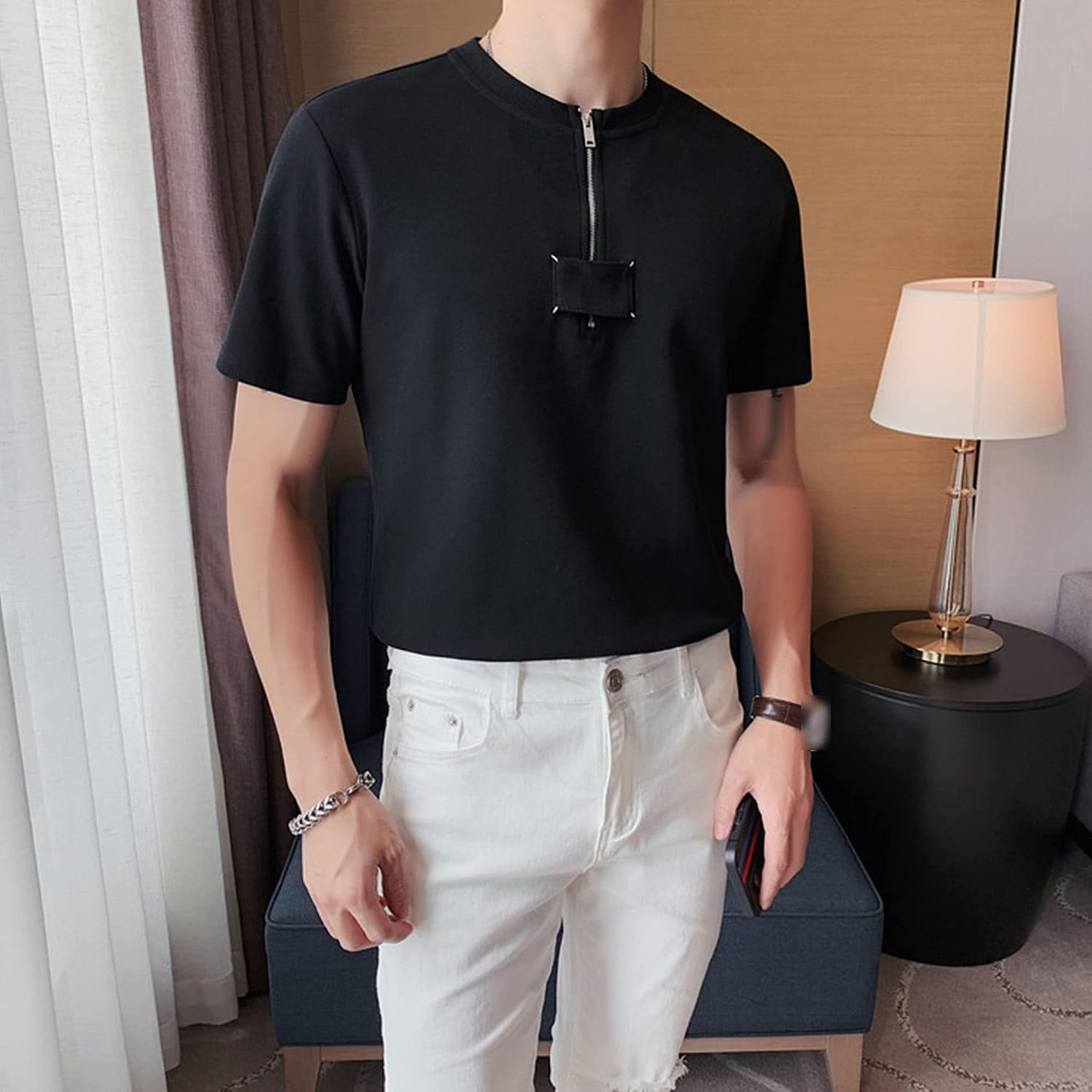 DGHM-JLMY Men's Fashion Zipper Casual Slim Fit T-Shirt Round Neck Short Sleeve Zipper T-Shirt Collarless Cotton Solid Tee