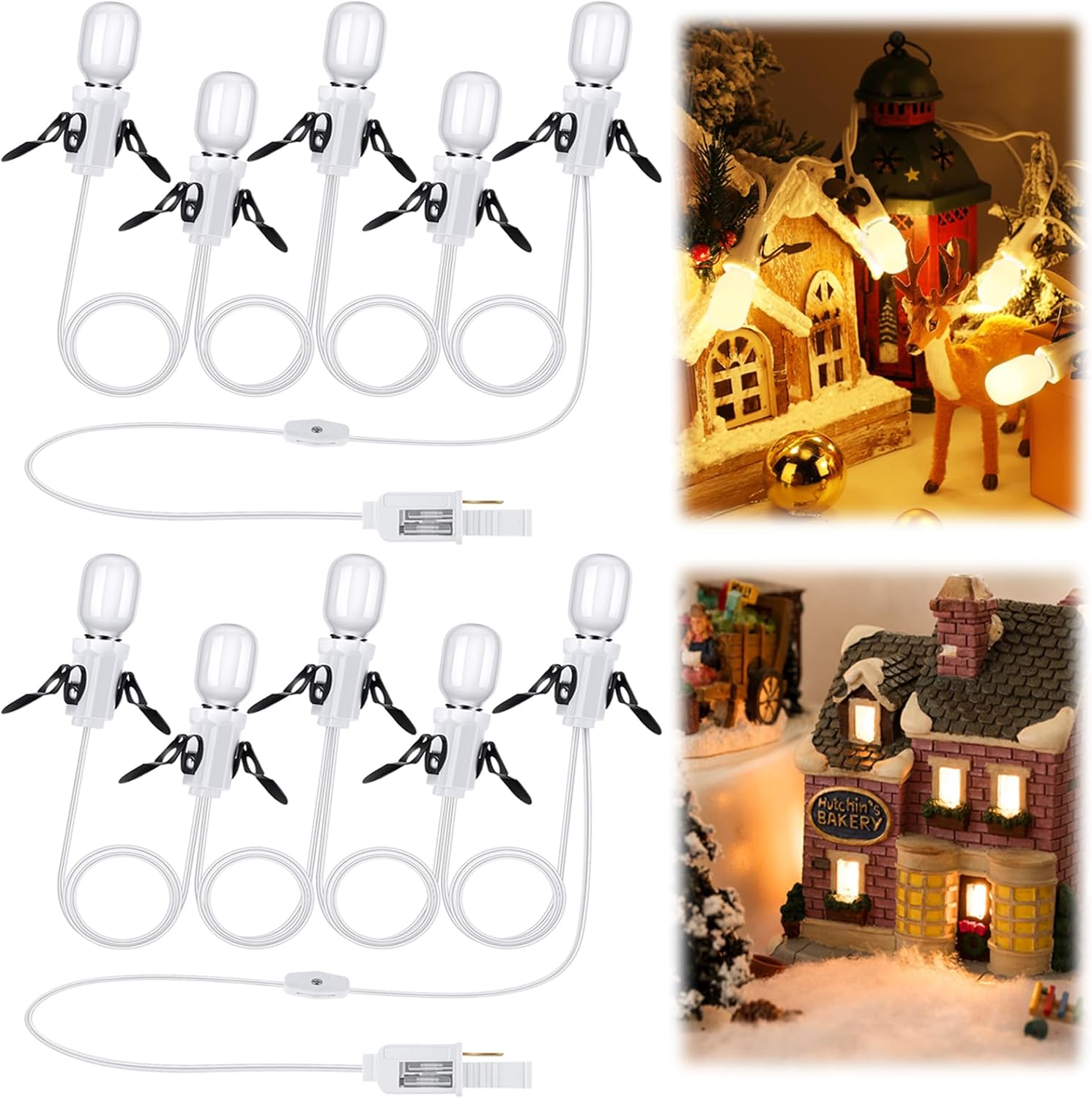 Leelosp 1 Pack Accessory Cord with 5 Milky White LED Light Bulb, 9.84 ft Christmas Village Light Cord with Fuse Wire, Blow Mold Light Kit Replacement for Christmas Village House Craft Halloween