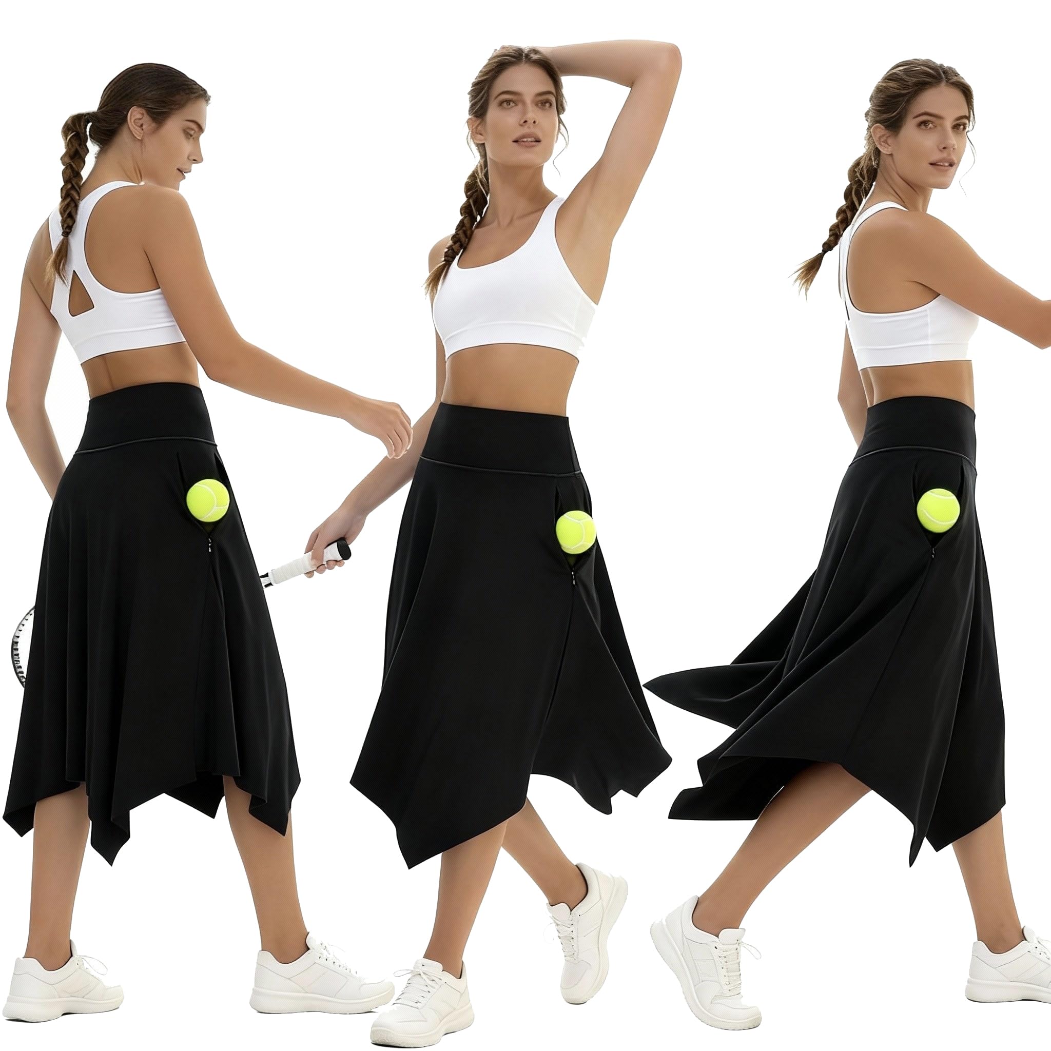 Knielange Skorts für Damen mit Taschen, hohe Taille, athletische Skorts, bescheidene Midi-Röcke, Übergröße