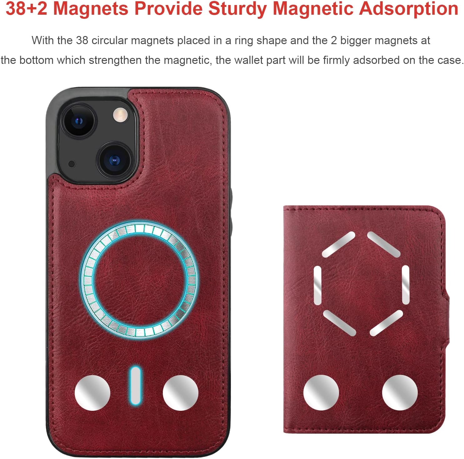 Bocasal Wallet Case for iPhone 13 Compatible with MagSafe Magnetic RFID Blocking Detachable Premium PU Leather Flip Case with Card Slots Holder Kickstand Wireless Charging 6.1 Inch Wine Red