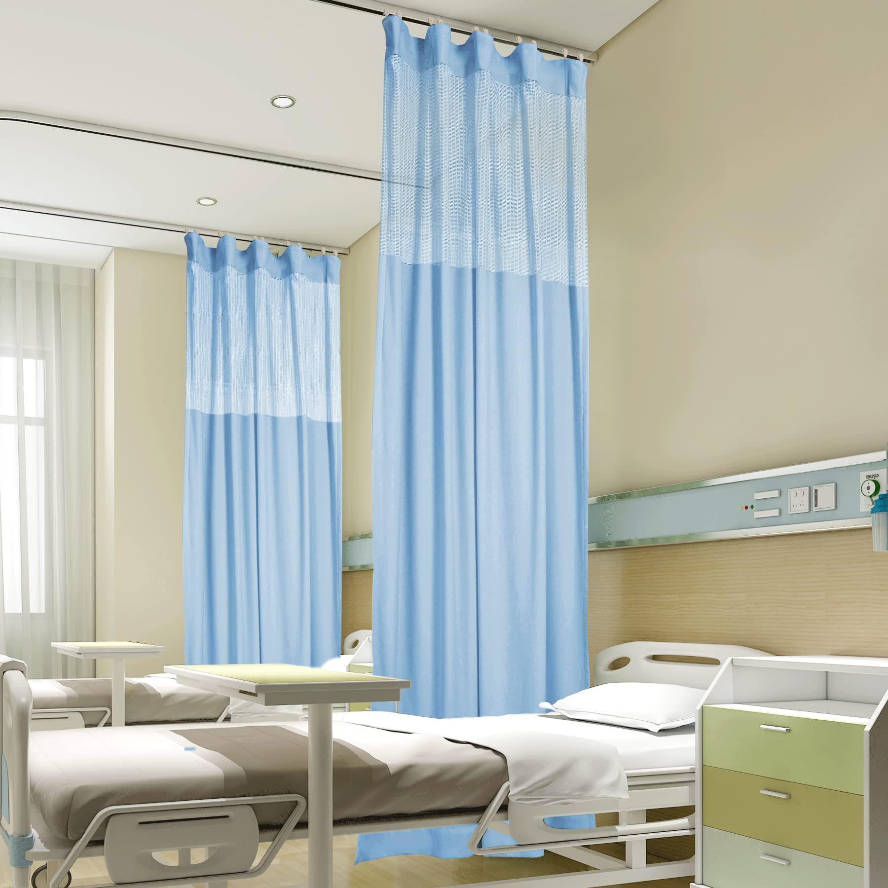 Fcosie 8ft Wide x 8ft Tall Hospital Curtain Divider for Room Separation Mesh Top Medical Exam Room Privacy Curtains with Flat Hooks Header Office Hospital Bed Cubicle Curtain, Blue, 1 Panel