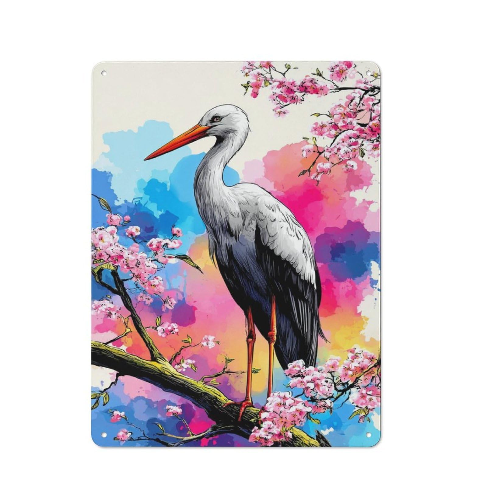 Junmoney Stork Amidst Cherry Blossoms Metal Wall Art Sign 40X30cm, Modern Retro Urban Room Decor For Modern Home, Workshop, Office Or Cafe