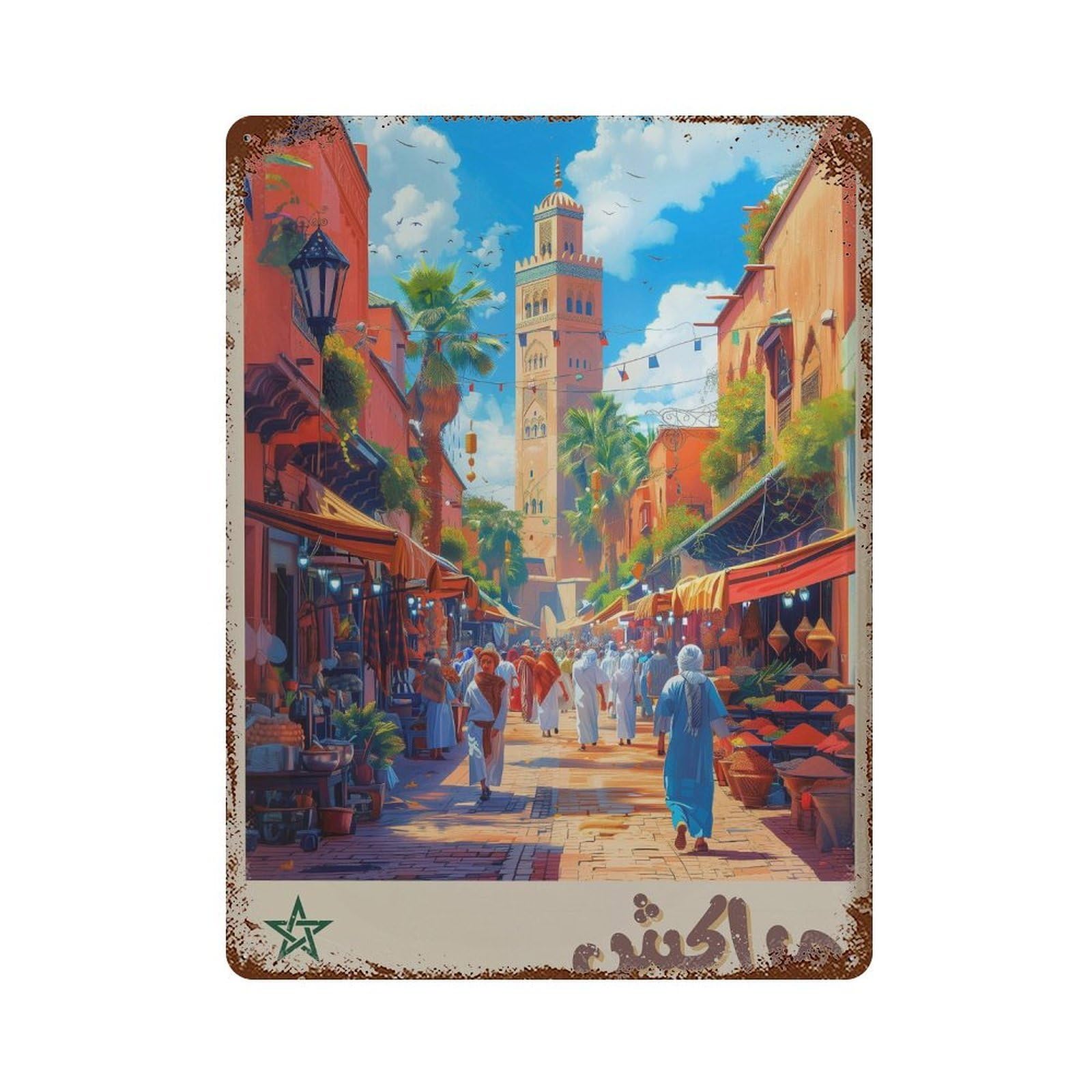 xiaoxiaoshen Marrakesh Morocco Travel Vibrant Desert in Arabic Writing Wall Decor Art Metal Tin Poster Modern Home Decor Art Home Bar Shop Decorations Vintage Sign 40x30cm