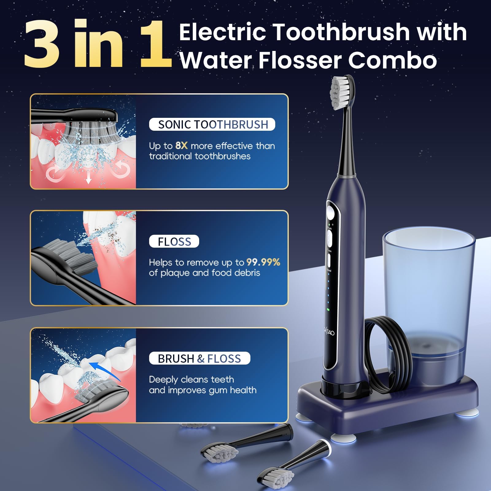 Cepillo de dientes eléctrico con hilo dental de agua: cepillo dental sónico 3 en 1 para limpieza de dientes y aparatos ortopédicos, 5 niveles de presión y 3 modos, diseño portátil impermeable